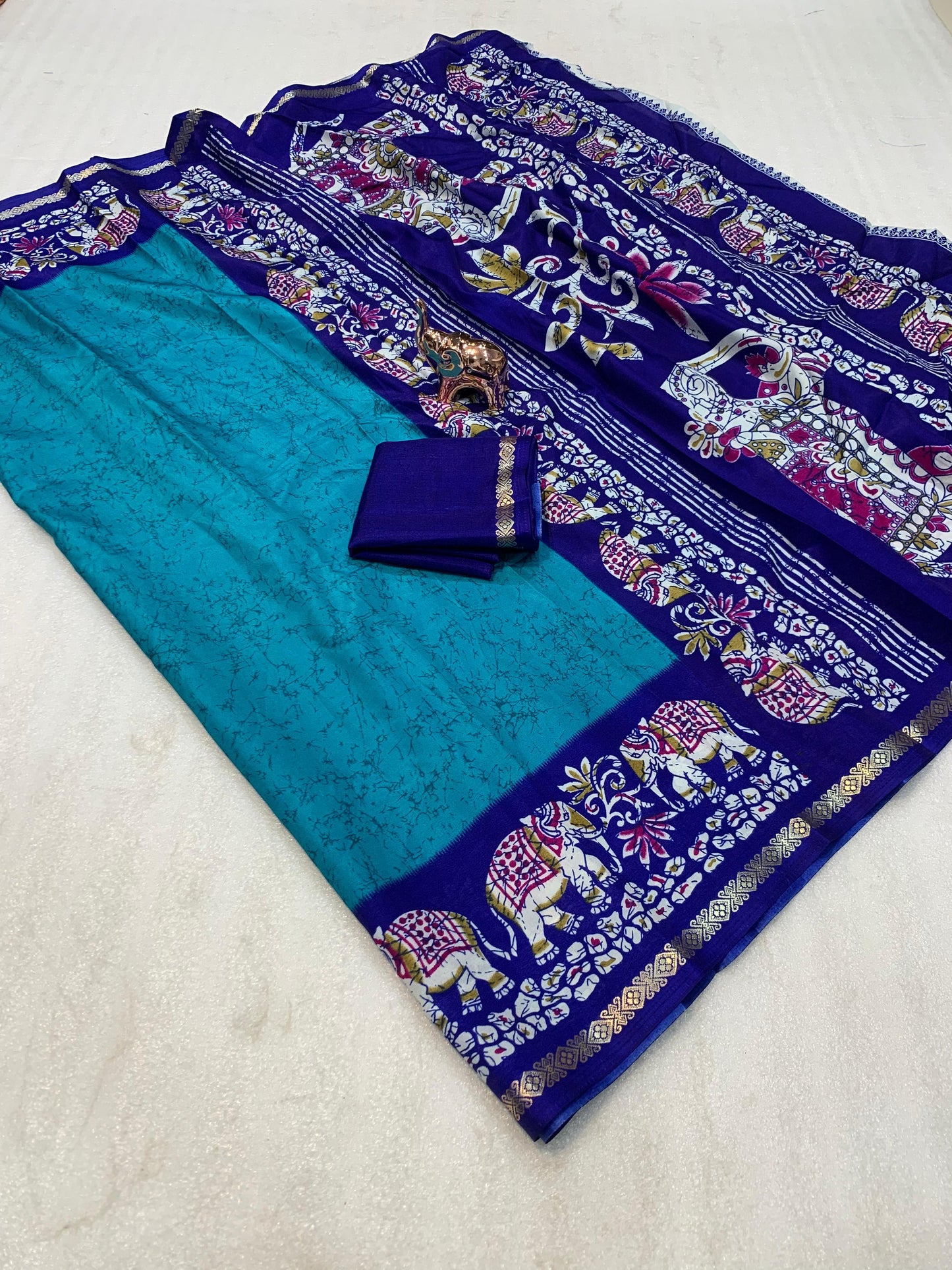 Kayatri New Premium Dola Silk Saree with Kalamkari Prints Designer Contrast Blouse