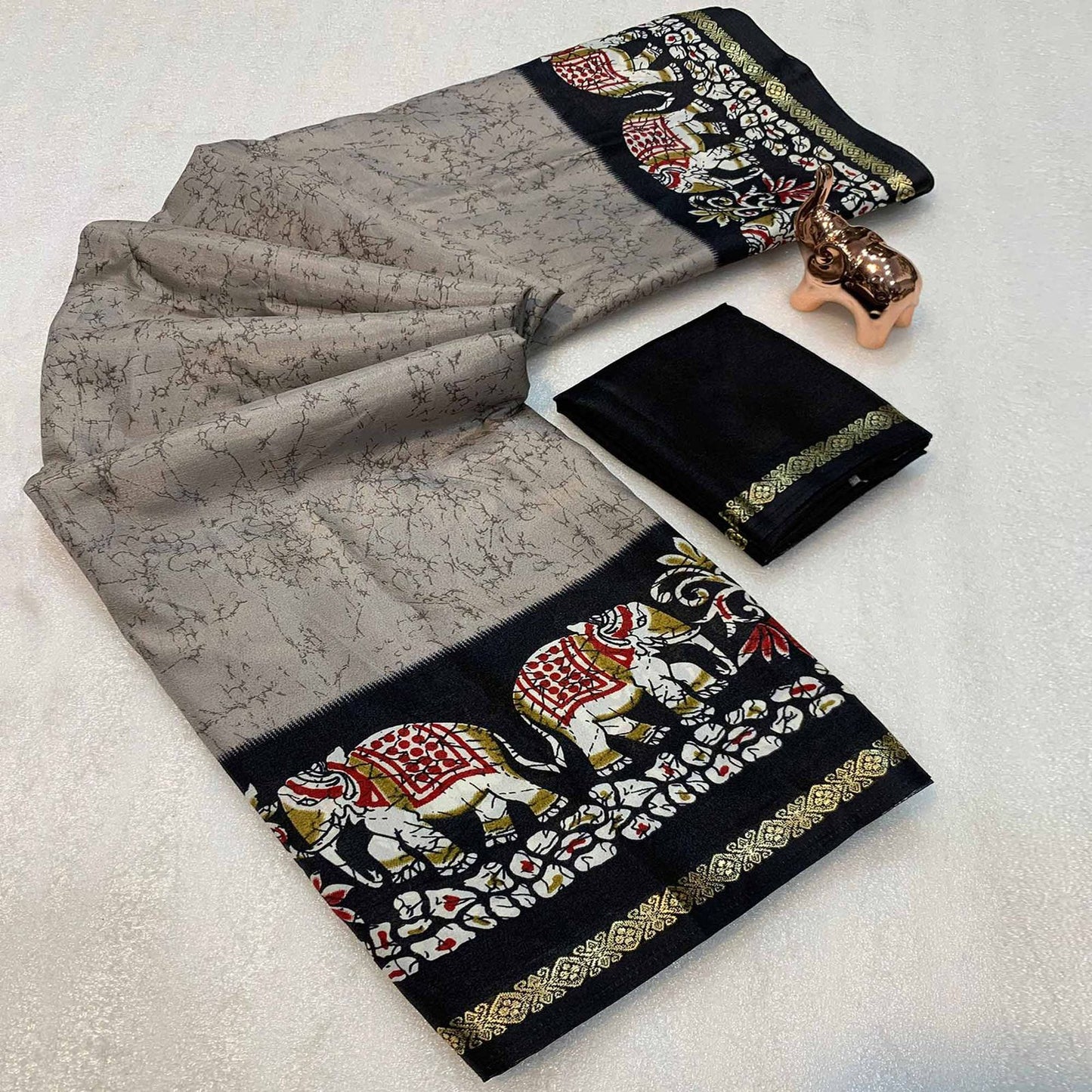 Kayatri New Premium Dola Silk Saree with Kalamkari Prints Designer Contrast Blouse