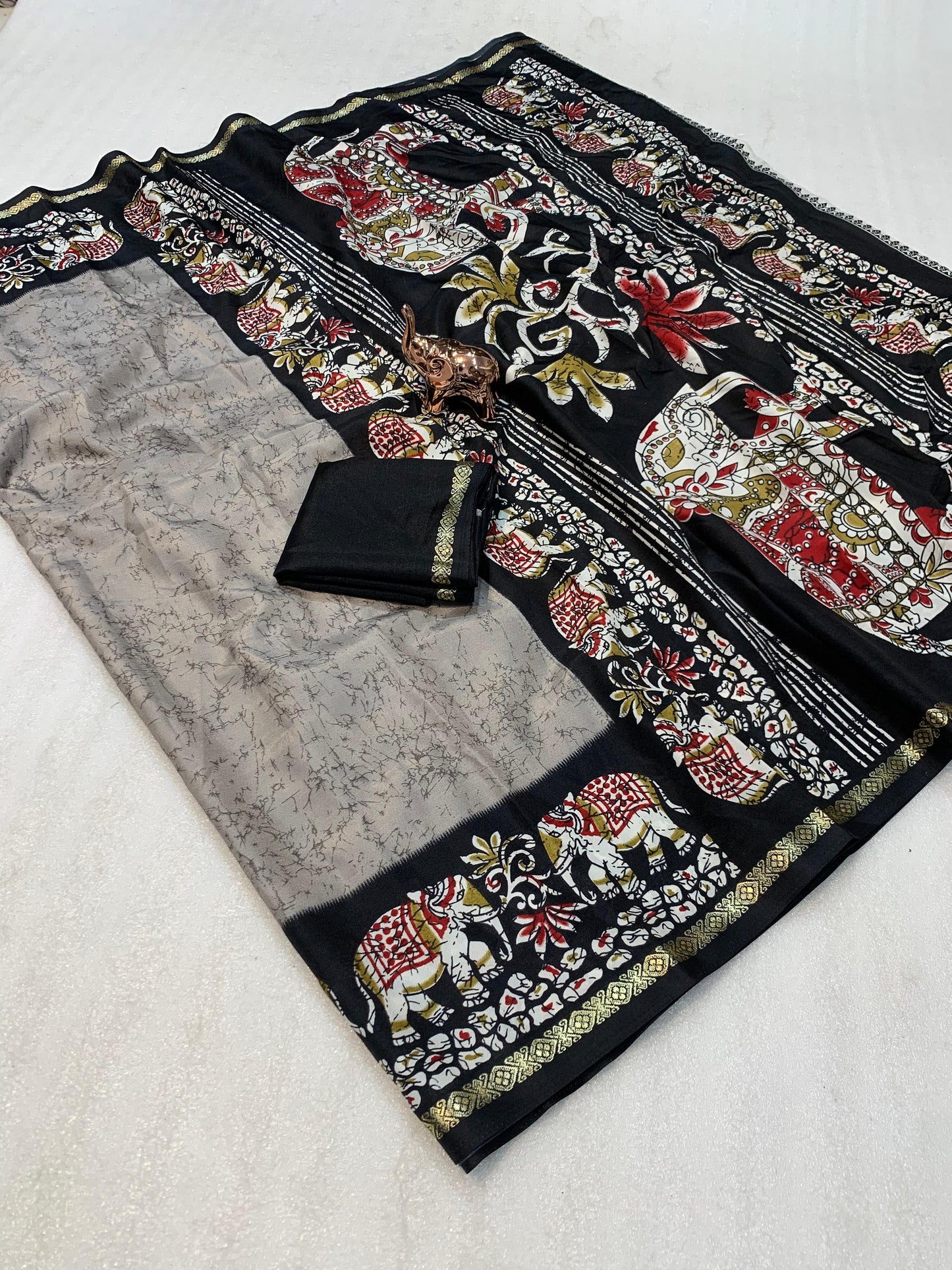 Kayatri New Premium Dola Silk Saree with Kalamkari Prints Designer Contrast Blouse