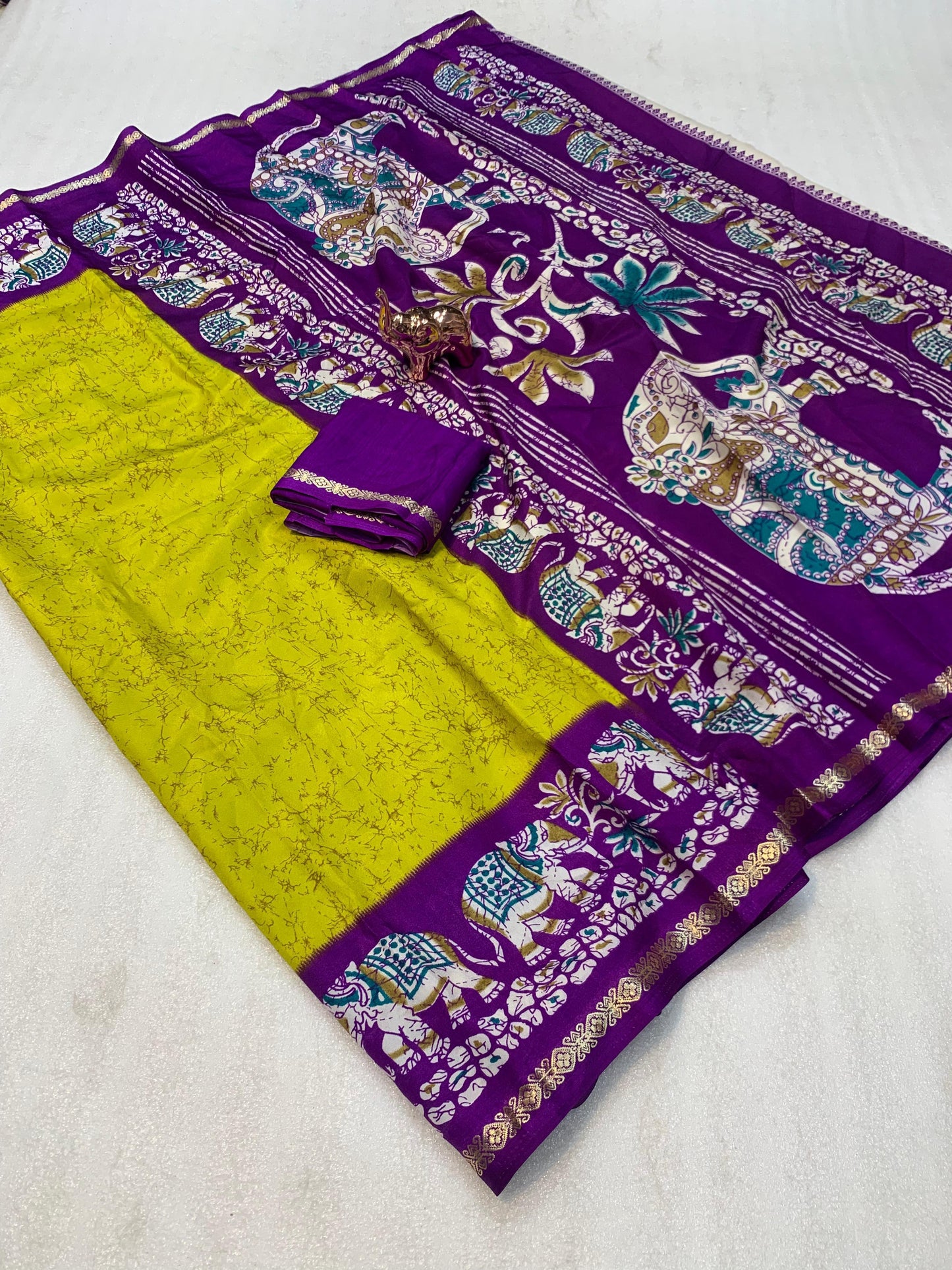 Kayatri New Premium Dola Silk Saree with Kalamkari Prints Designer Contrast Blouse
