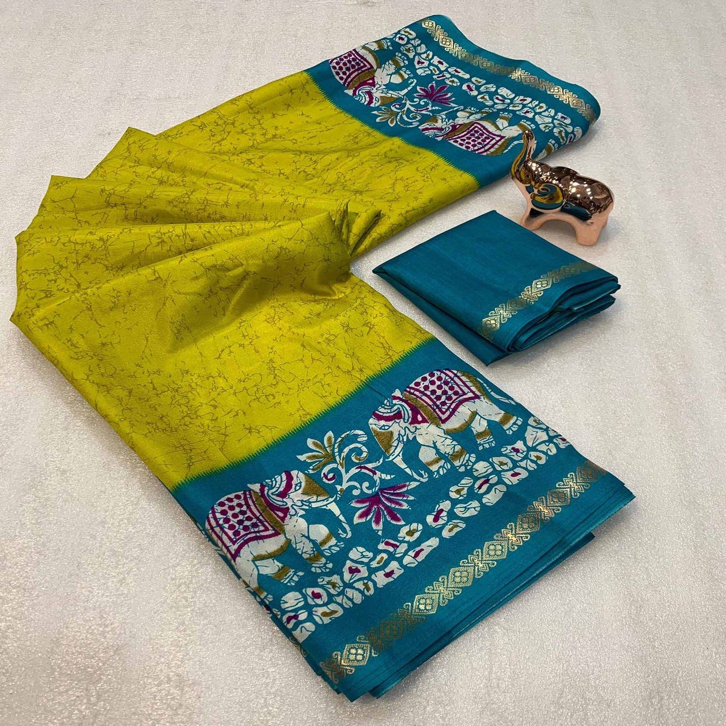 Kayatri New Premium Dola Silk Saree with Kalamkari Prints Designer Contrast Blouse