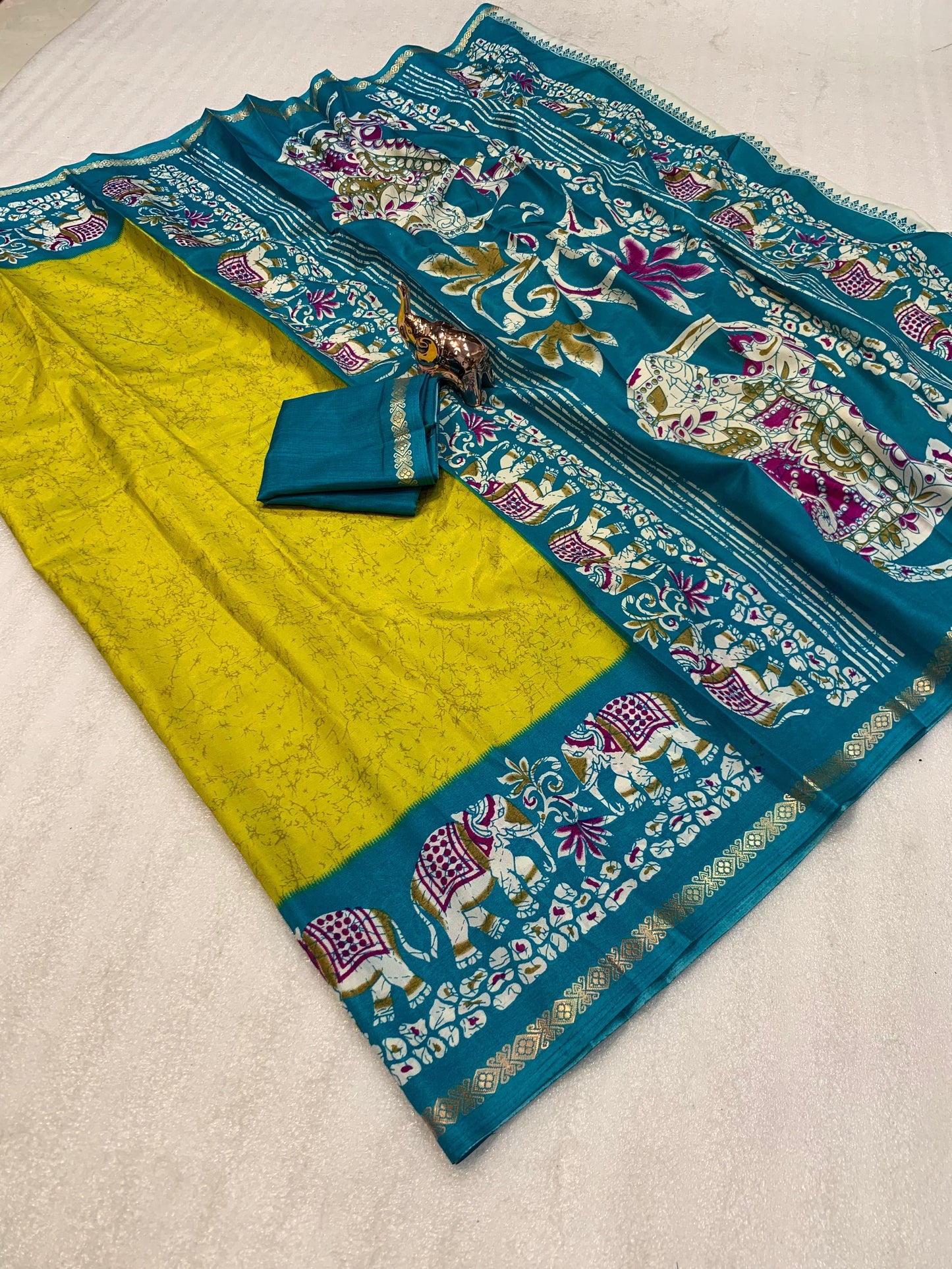 Kayatri New Premium Dola Silk Saree with Kalamkari Prints Designer Contrast Blouse
