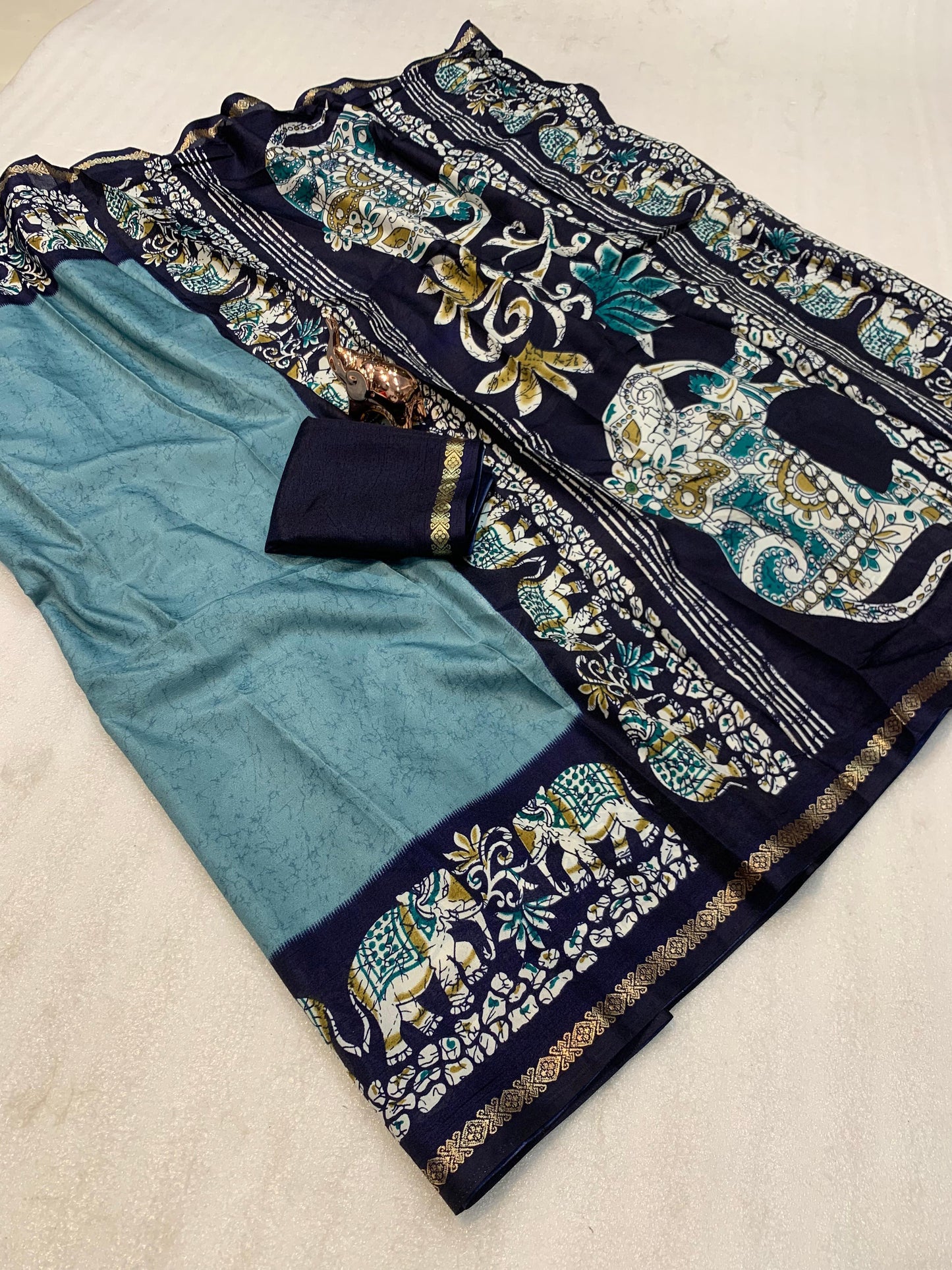 Kayatri New Premium Dola Silk Saree with Kalamkari Prints Designer Contrast Blouse