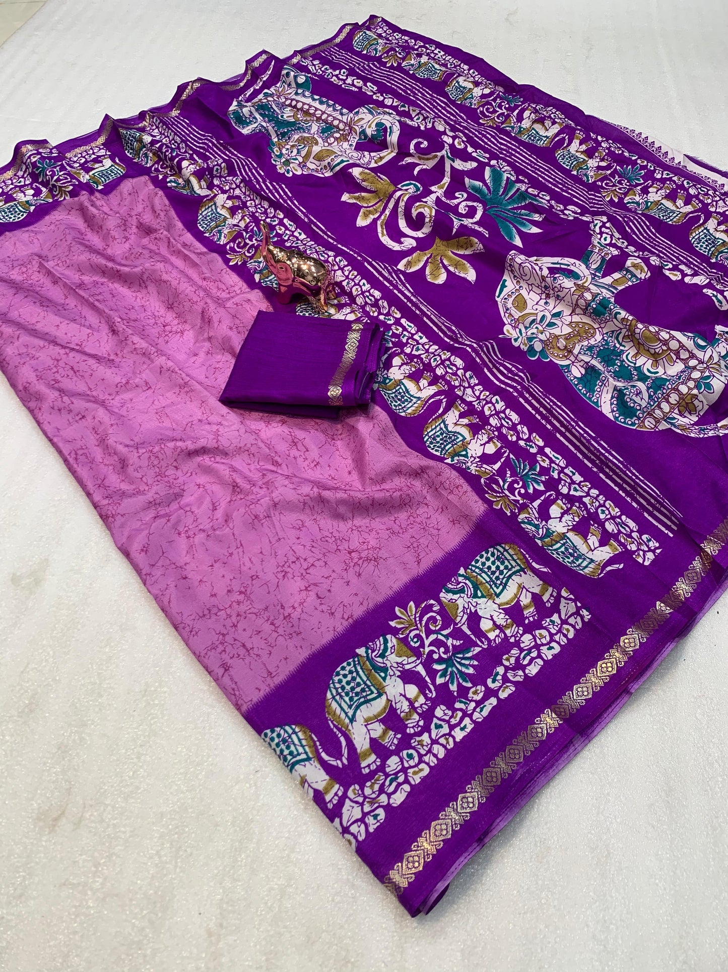 Kayatri New Premium Dola Silk Saree with Kalamkari Prints Designer Contrast Blouse