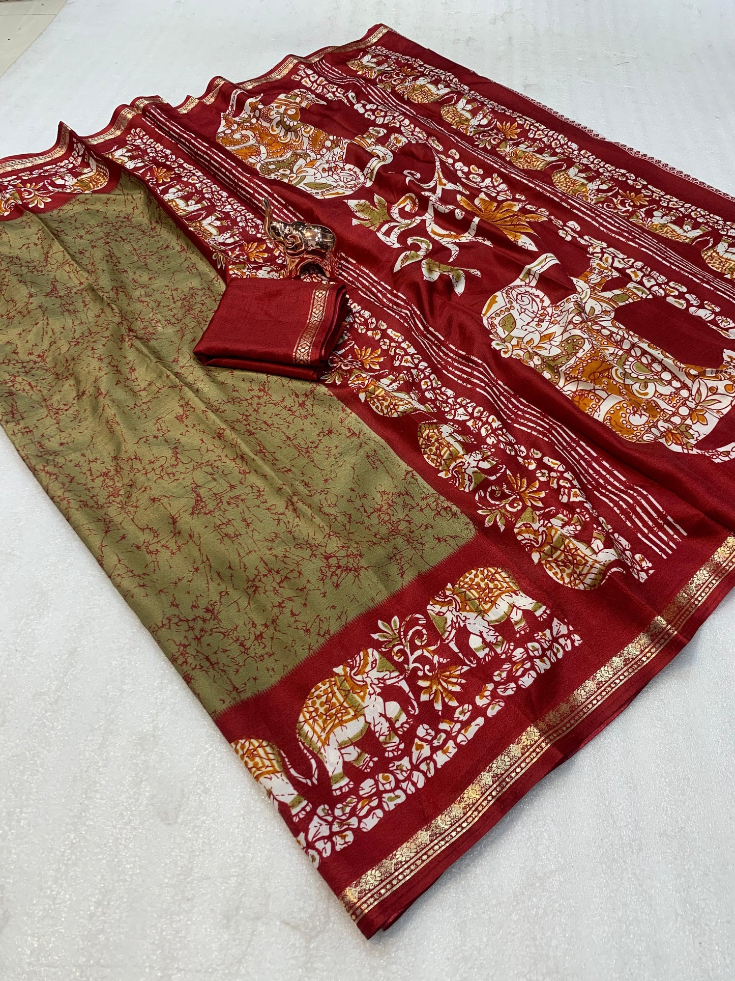 Kayatri New Premium Dola Silk Saree with Kalamkari Prints Designer Contrast Blouse