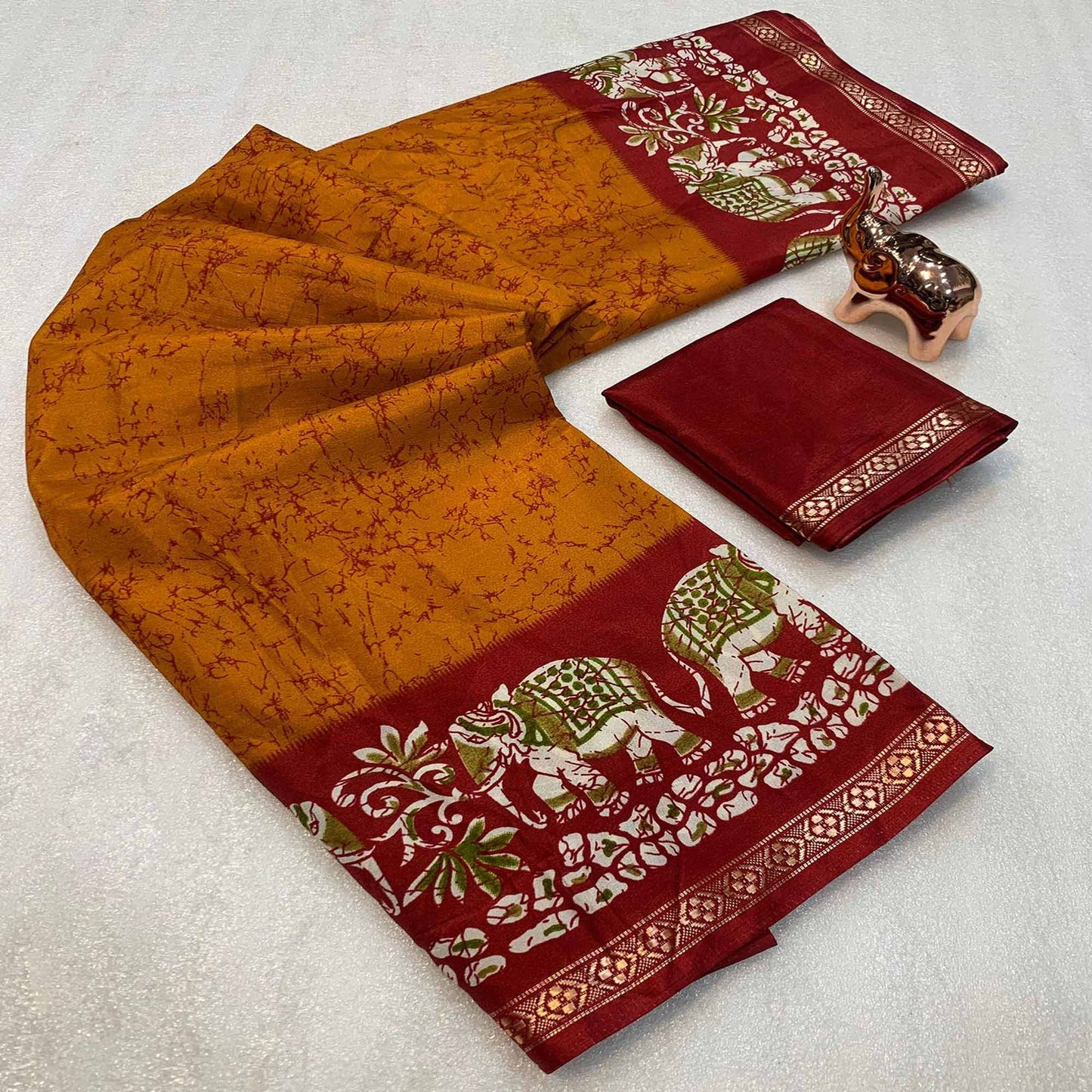 Kayatri New Premium Dola Silk Saree with Kalamkari Prints Designer Contrast Blouse