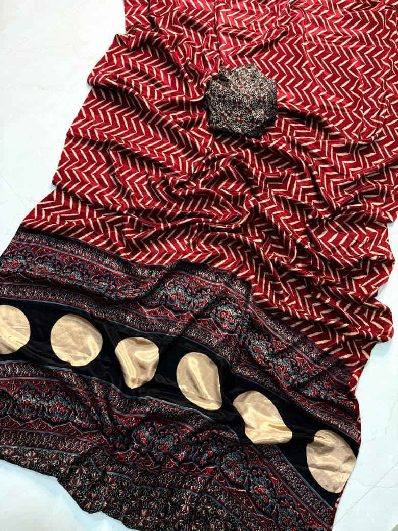 Kayatri New Designer Ajrakh Crepe Silk Saree Luxury Soft Silk Drape