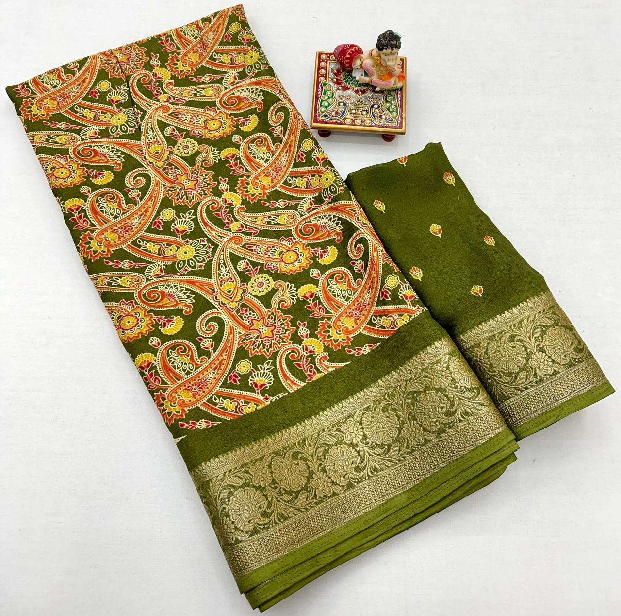 Kayatri New Beautiful Calcutta Moss Georgette Saree with Fine Zari Woven Border