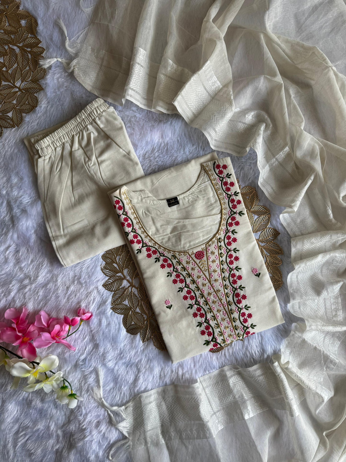 Kayatri New Elegant White Khadi Cotton Embroidered Kurti Pant Dupatta Set