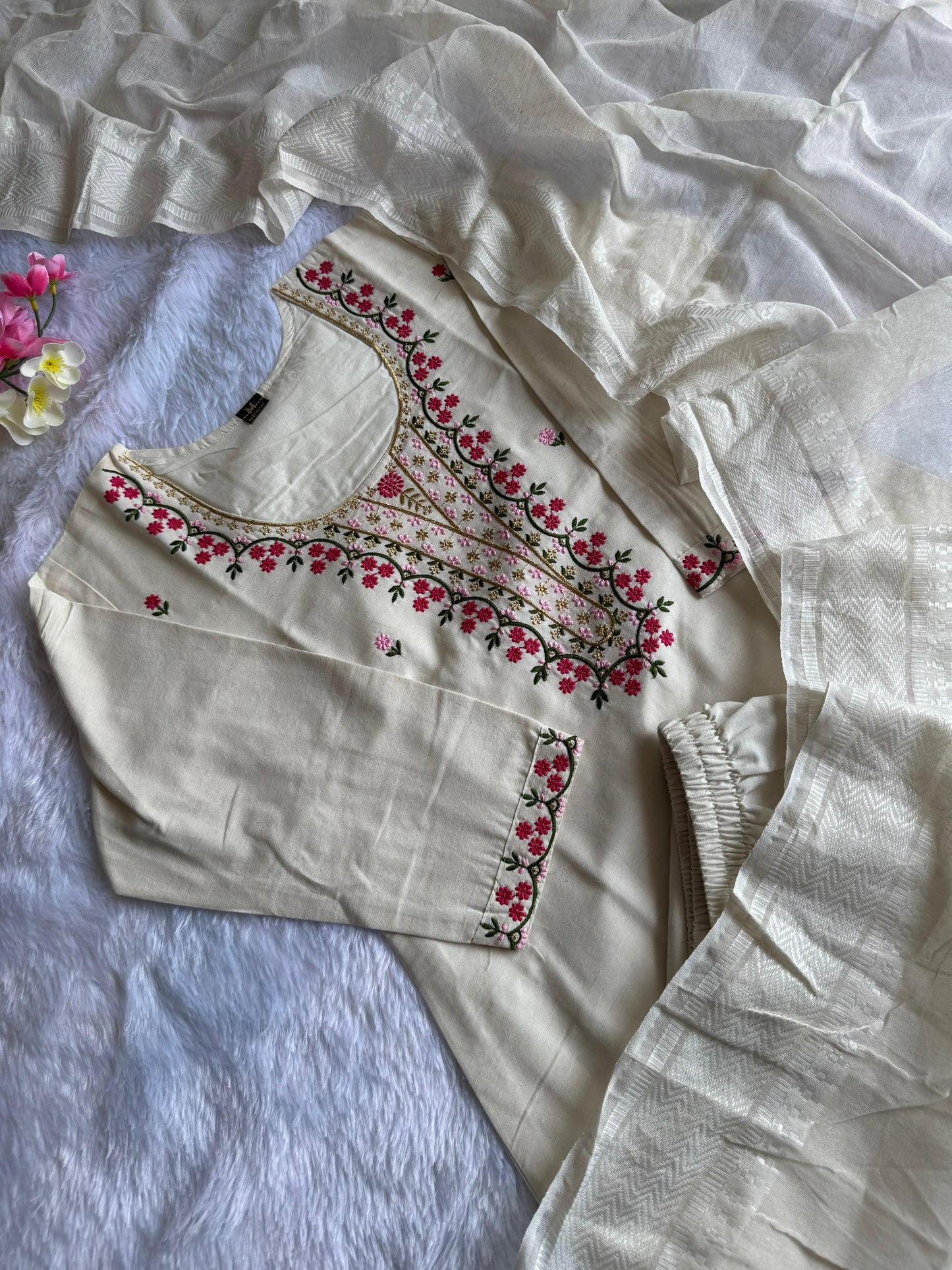 Kayatri New Elegant White Khadi Cotton Embroidered Kurti Pant Dupatta Set