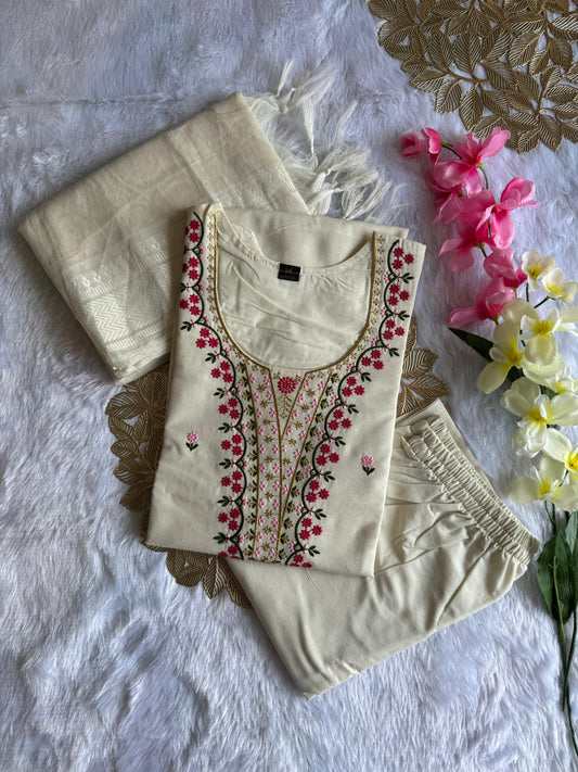 Kayatri New Elegant White Khadi Cotton Embroidered Kurti Pant Dupatta Set