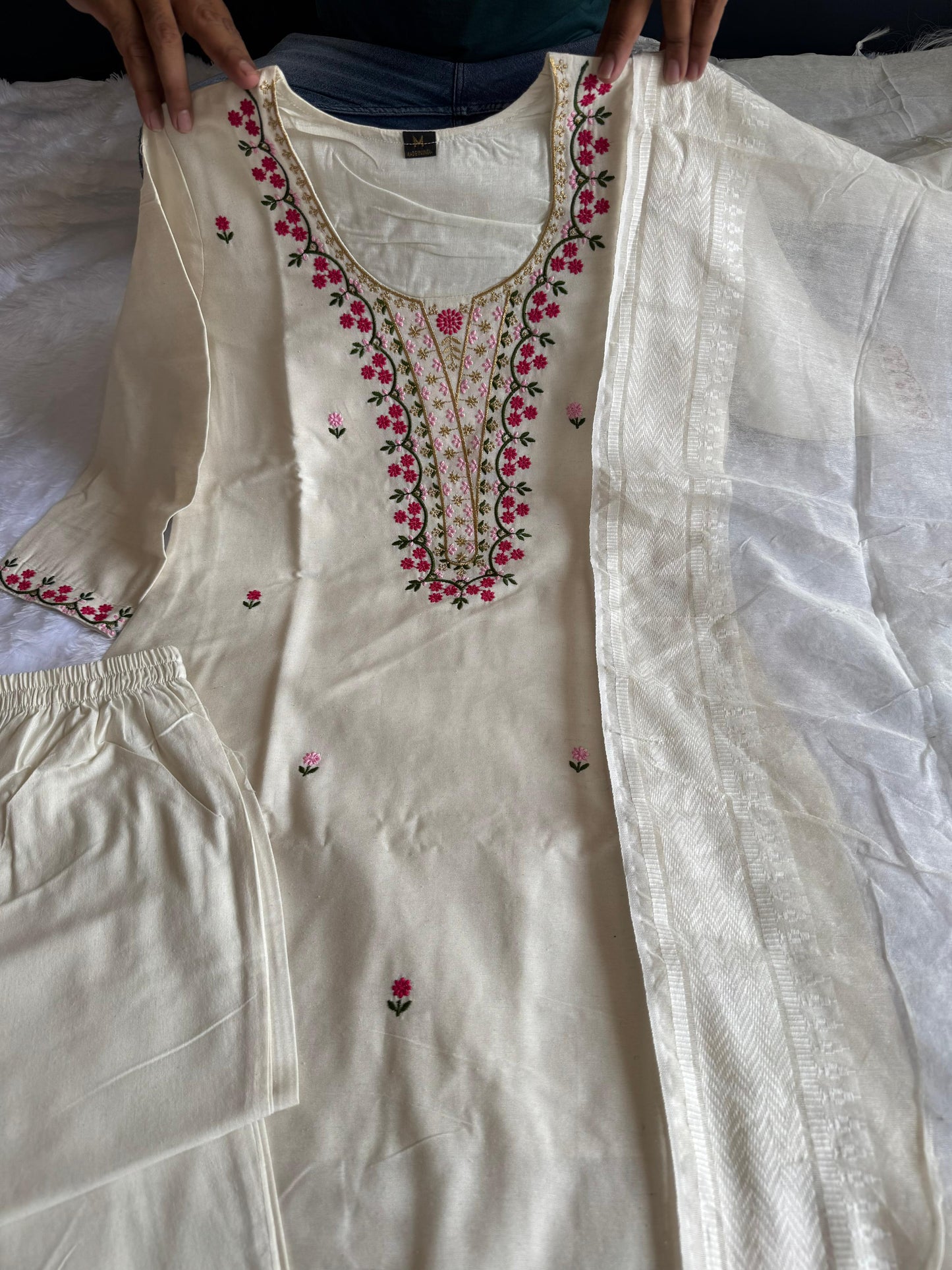 Kayatri New Elegant White Khadi Cotton Embroidered Kurti Pant Dupatta Set