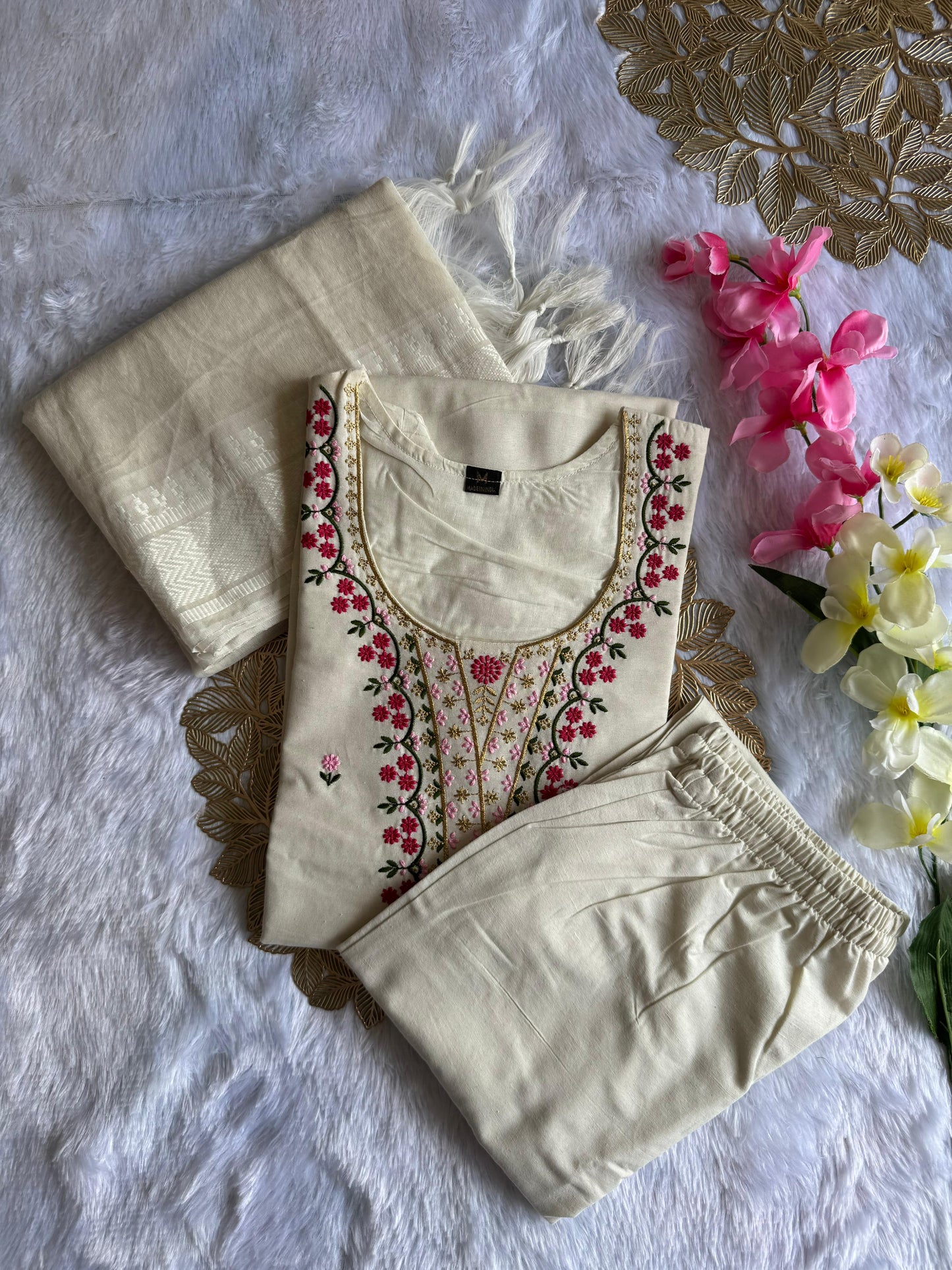 Kayatri New Elegant White Khadi Cotton Embroidered Kurti Pant Dupatta Set