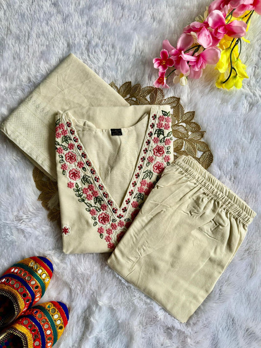 Kayatri New Premium Khadi Cotton Kurti Set with Pant and Dupatta Designer White Ethnic Wear