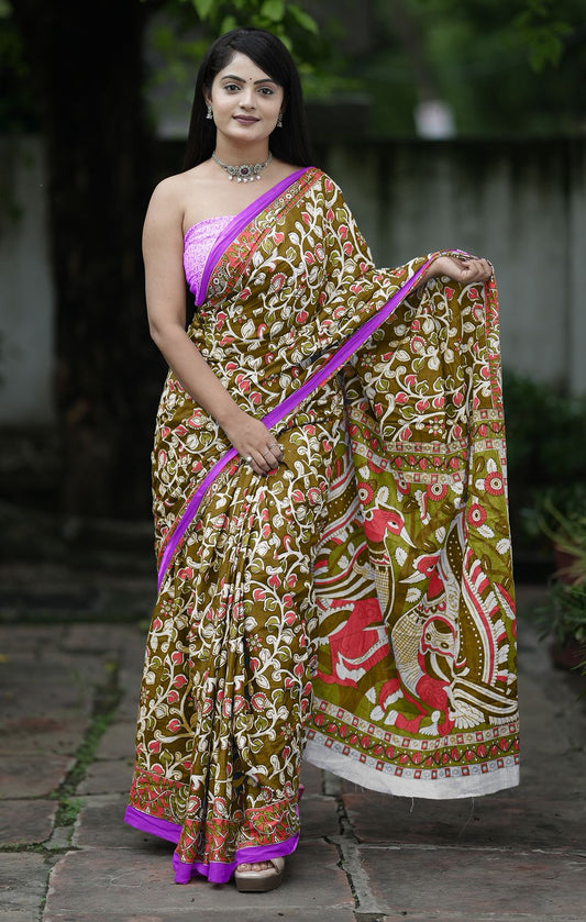 Kayatri New Jaipur Ajrakh Mulmul Cotton Saree With Traditional Bagru Block Print