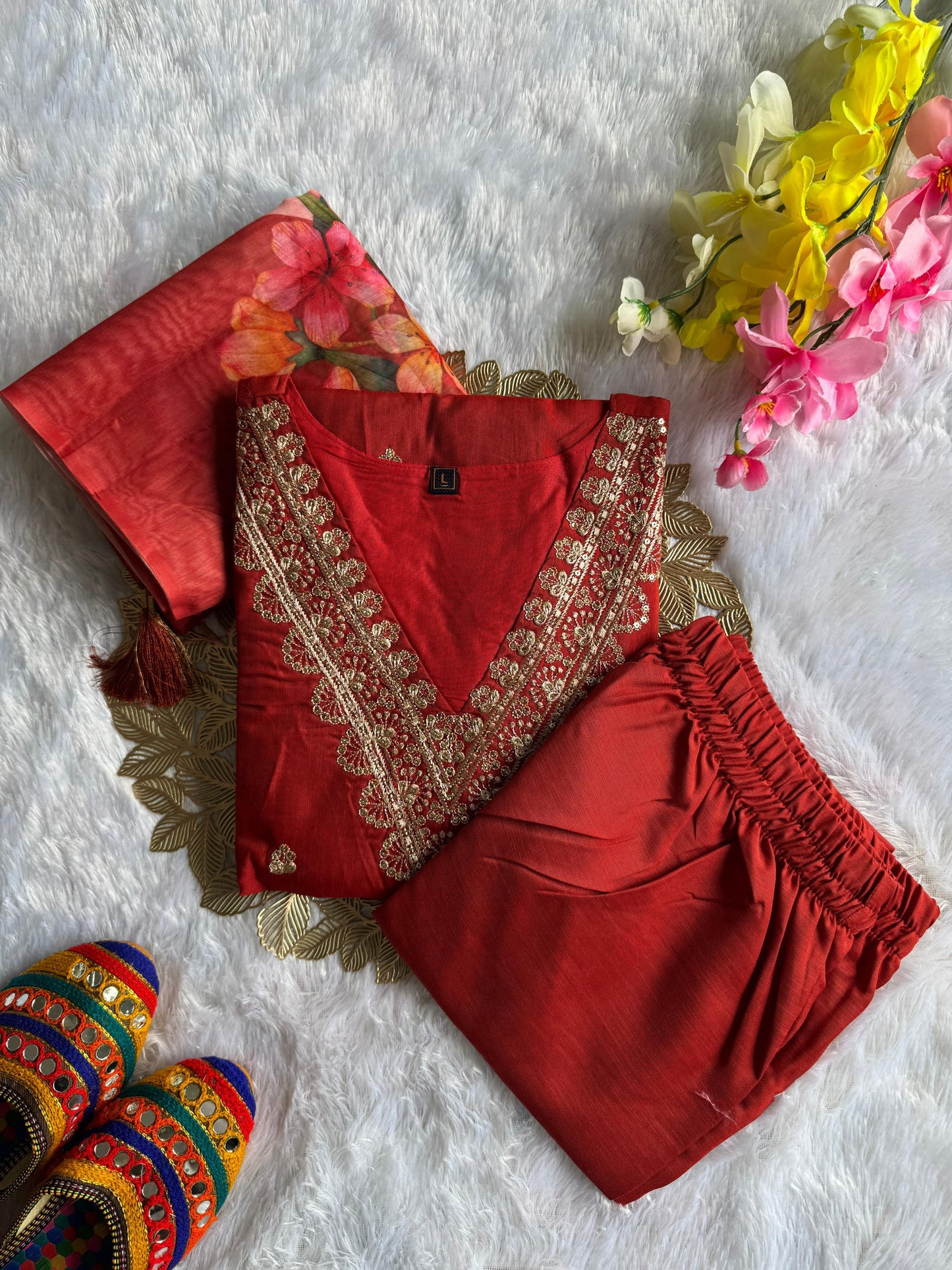 Kayatri New Premium Reyon Silk Kurti Set with Embroidered Detailing and Chanderi Digital Print Dupatta