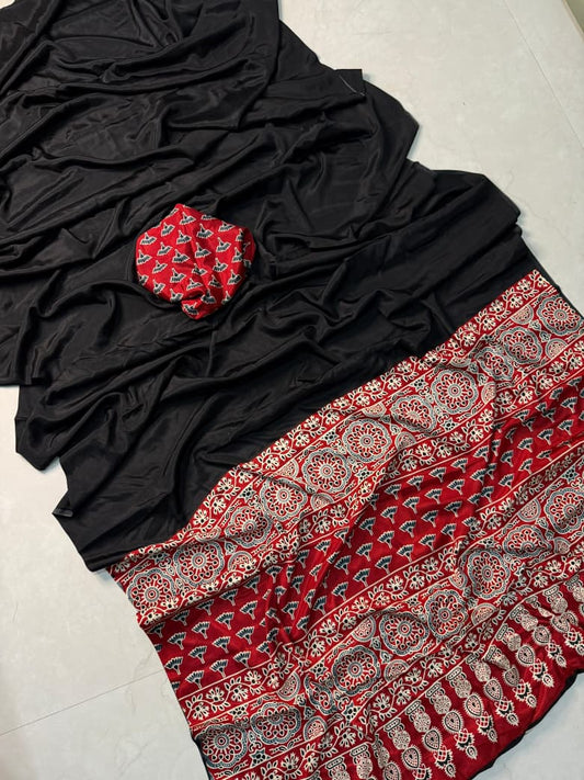 Kayatri New Designer Ajrakh Print Saree Crafted from Pure Crepe Silk