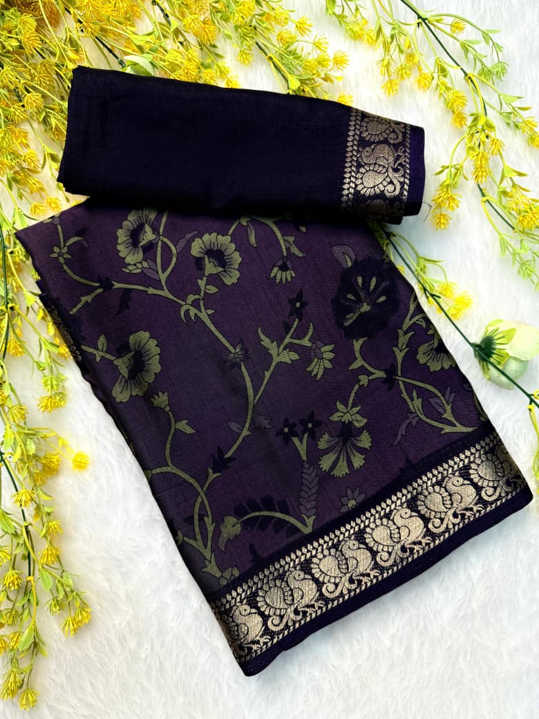 Kayatri New Classic Soft Dola Silk Saree with Pen Kalamkari Print  Rich Zari Border