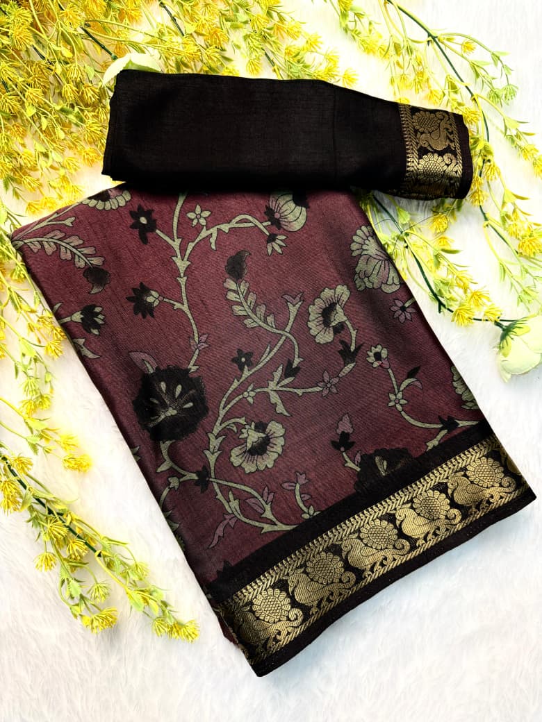 Kayatri New Classic Soft Dola Silk Saree with Pen Kalamkari Print  Rich Zari Border