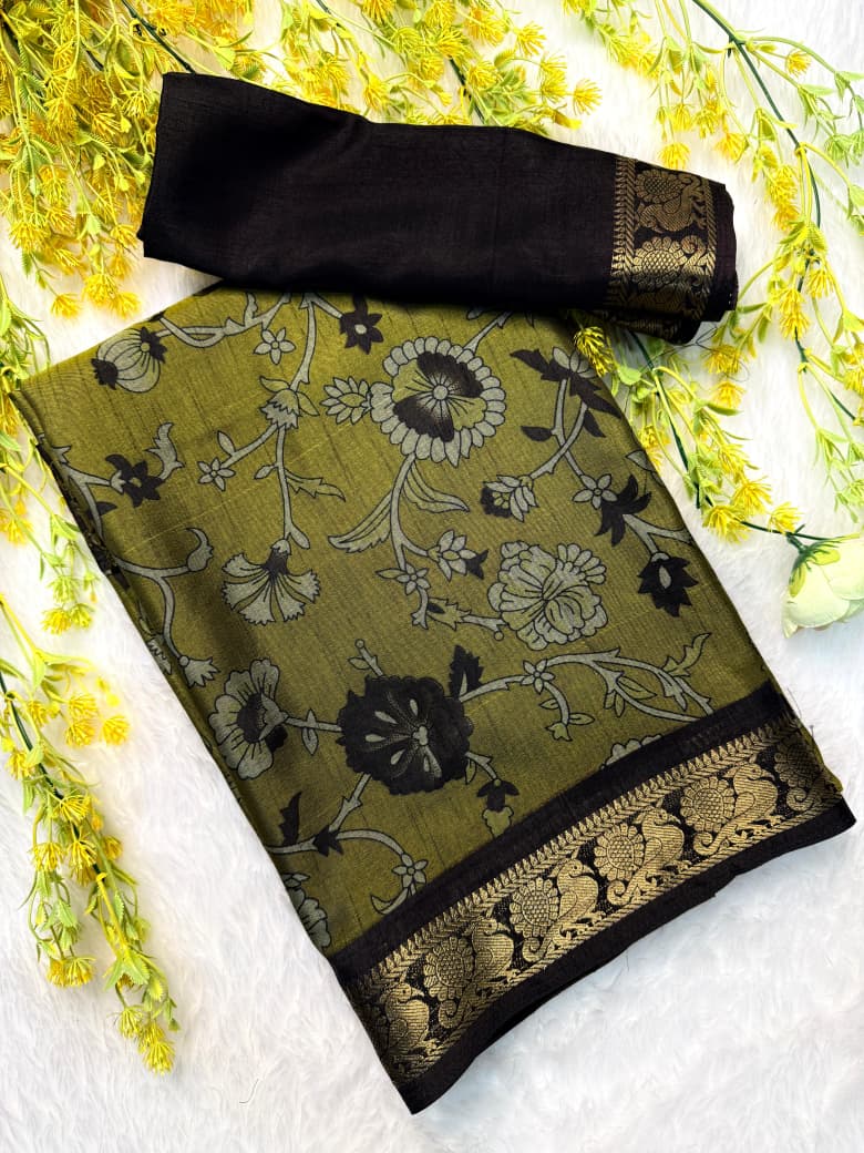 Kayatri New Classic Soft Dola Silk Saree with Pen Kalamkari Print  Rich Zari Border