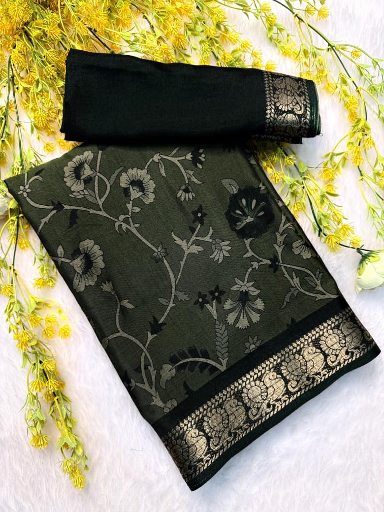 Kayatri New Classic Soft Dola Silk Saree with Pen Kalamkari Print  Rich Zari Border