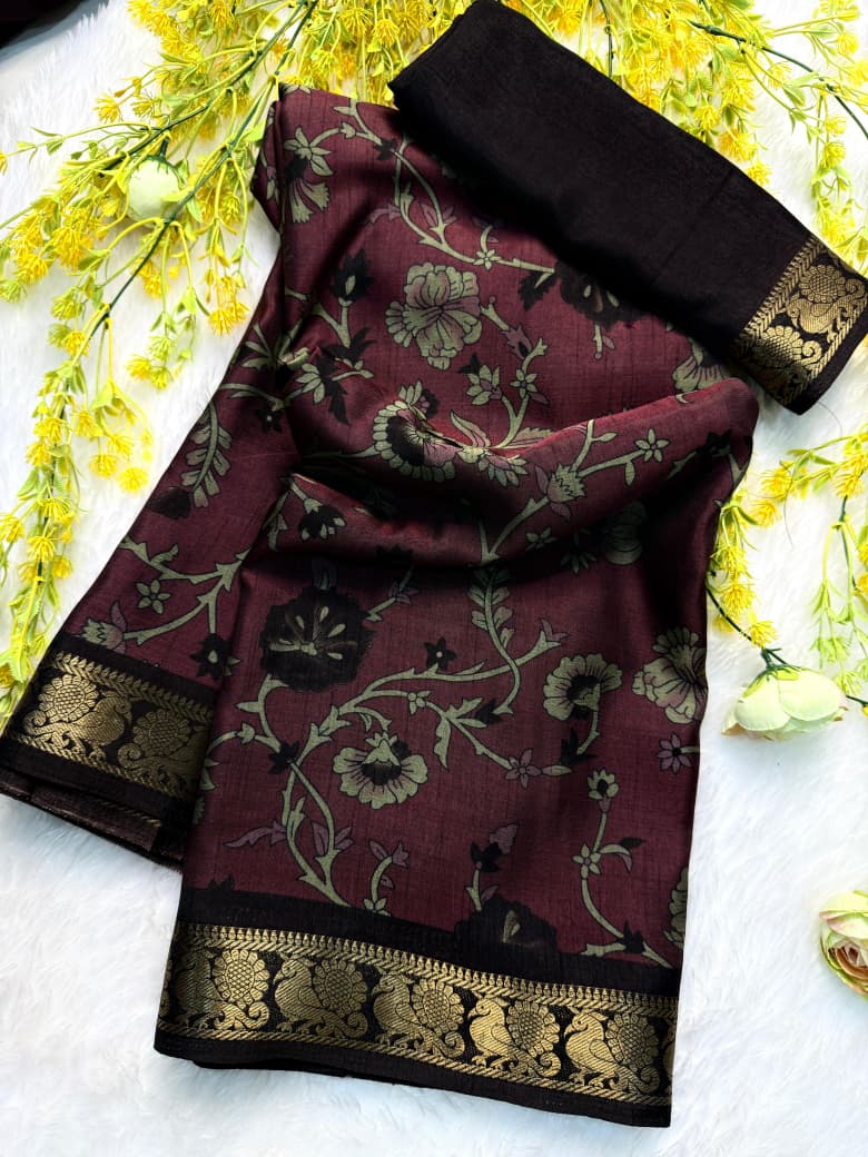 Kayatri New Classic Soft Dola Silk Saree with Pen Kalamkari Print  Rich Zari Border