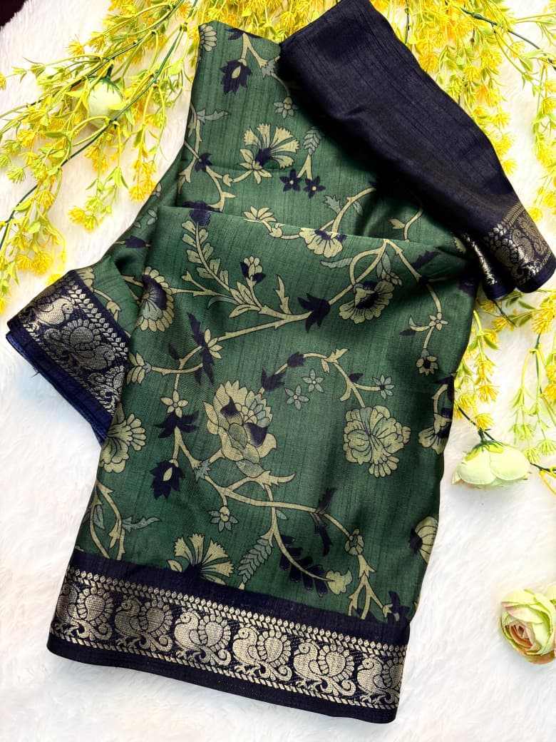 Kayatri New Classic Soft Dola Silk Saree with Pen Kalamkari Print  Rich Zari Border