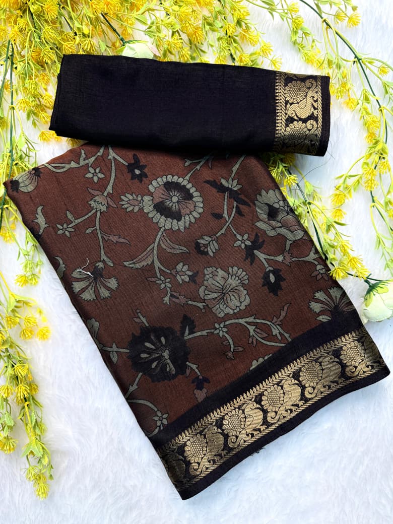 Kayatri New Classic Soft Dola Silk Saree with Pen Kalamkari Print  Rich Zari Border