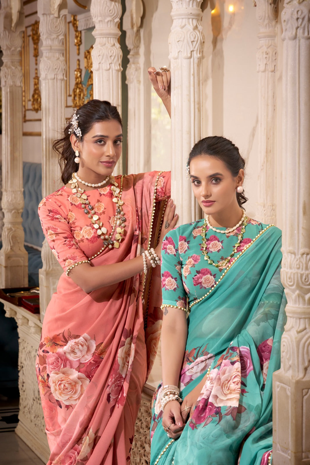 Kayatri New Trendy Georgette Saree with Chic Print and Pearl Lace Embellishment