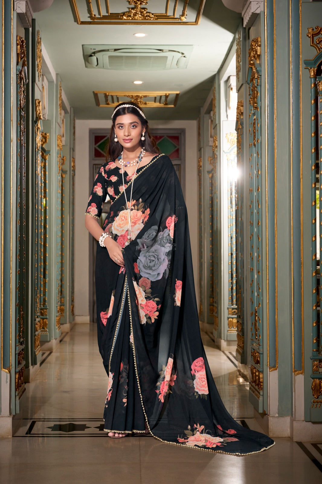 Kayatri New Trendy Georgette Saree with Chic Print and Pearl Lace Embellishment