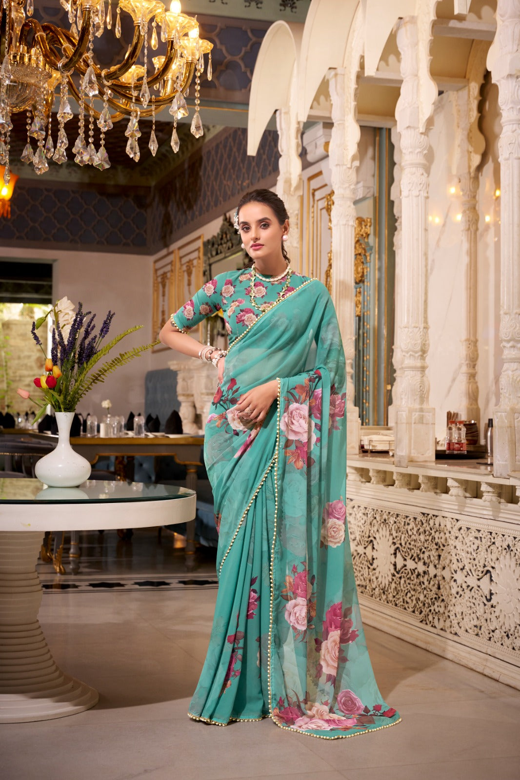 Kayatri New Trendy Georgette Saree with Chic Print and Pearl Lace Embellishment