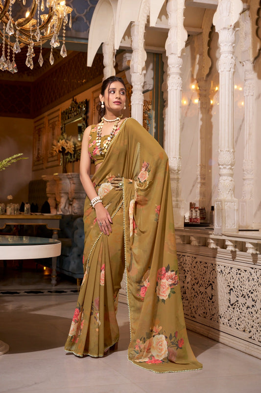 Kayatri New Trendy Georgette Saree with Chic Print and Pearl Lace Embellishment
