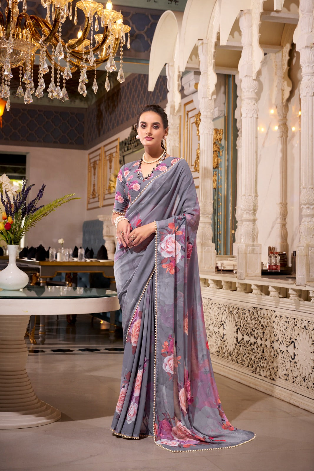 Kayatri New Trendy Georgette Saree with Chic Print and Pearl Lace Embellishment