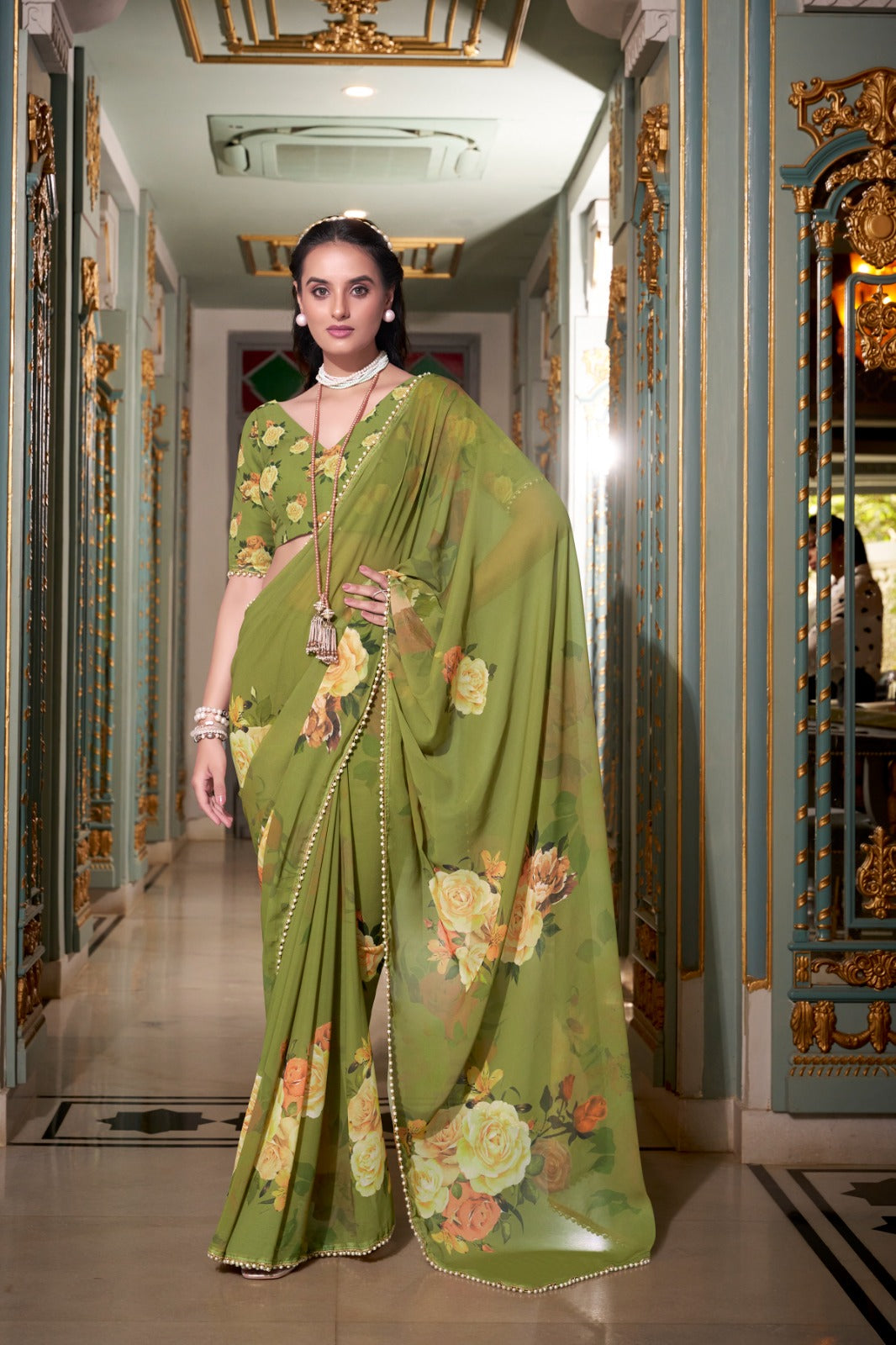 Kayatri New Trendy Georgette Saree with Chic Print and Pearl Lace Embellishment