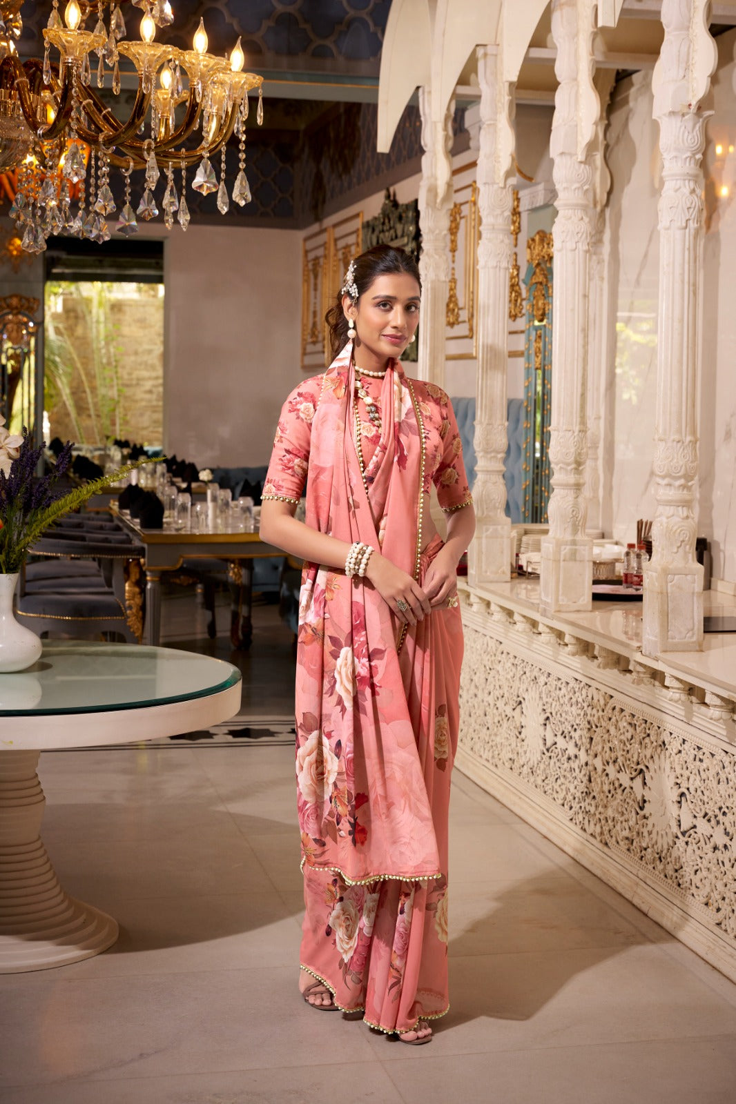 Kayatri New Trendy Georgette Saree with Chic Print and Pearl Lace Embellishment