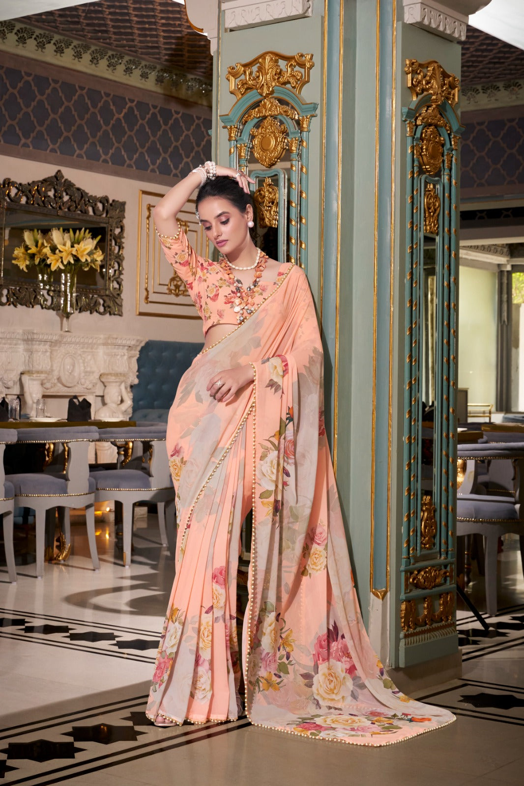 Kayatri New Trendy Georgette Saree with Chic Print and Pearl Lace Embellishment
