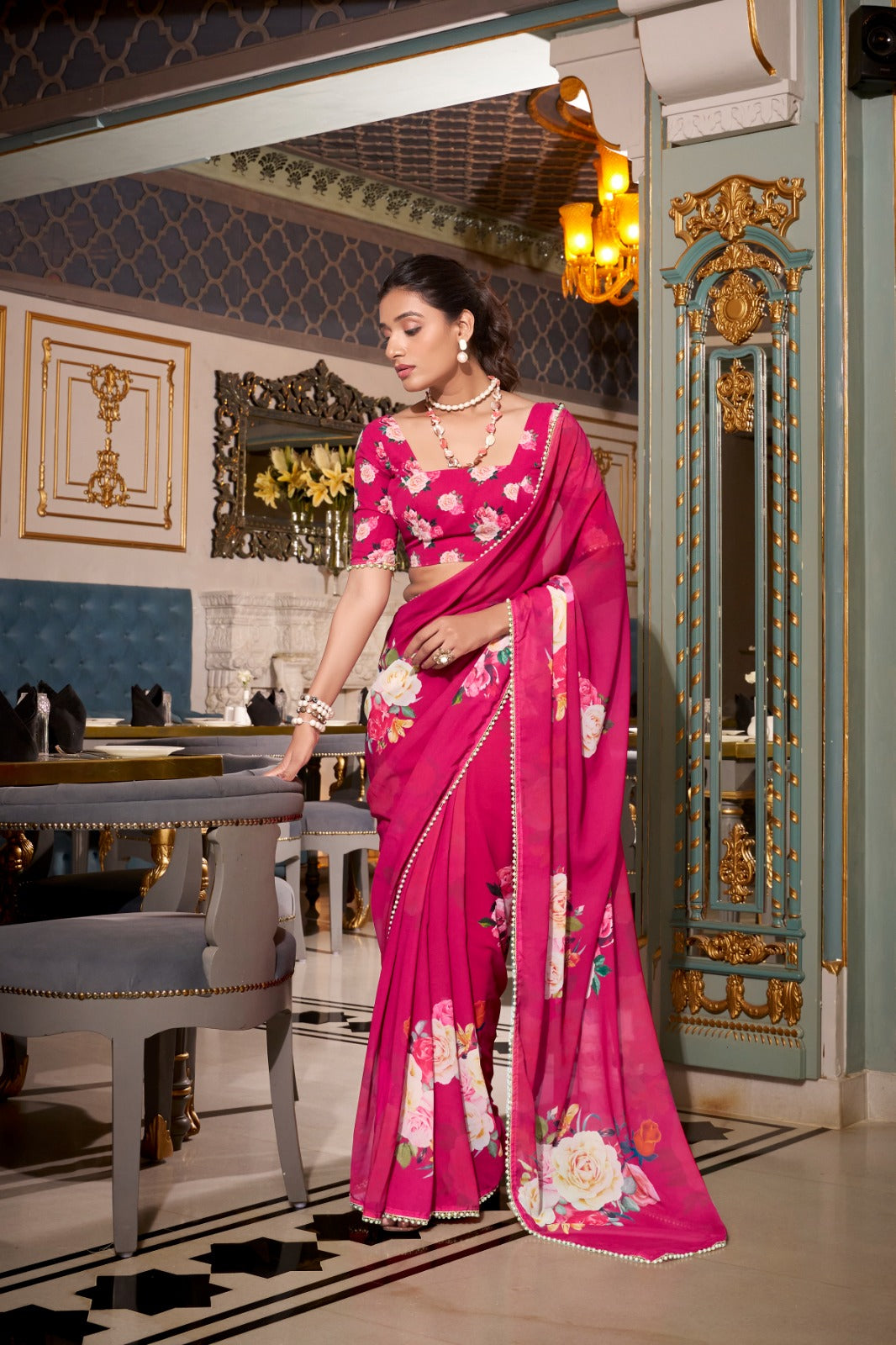 Kayatri New Trendy Georgette Saree with Chic Print and Pearl Lace Embellishment
