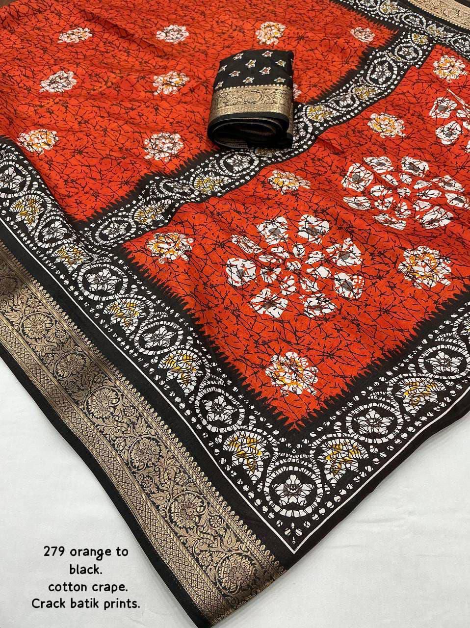 Kayatri New Elegant Soft Cotton Crepe Saree with Crack Batik Prints