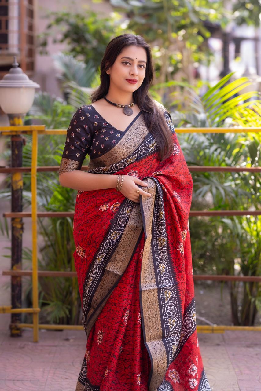 Kayatri New Elegant Soft Cotton Crepe Saree with Crack Batik Prints