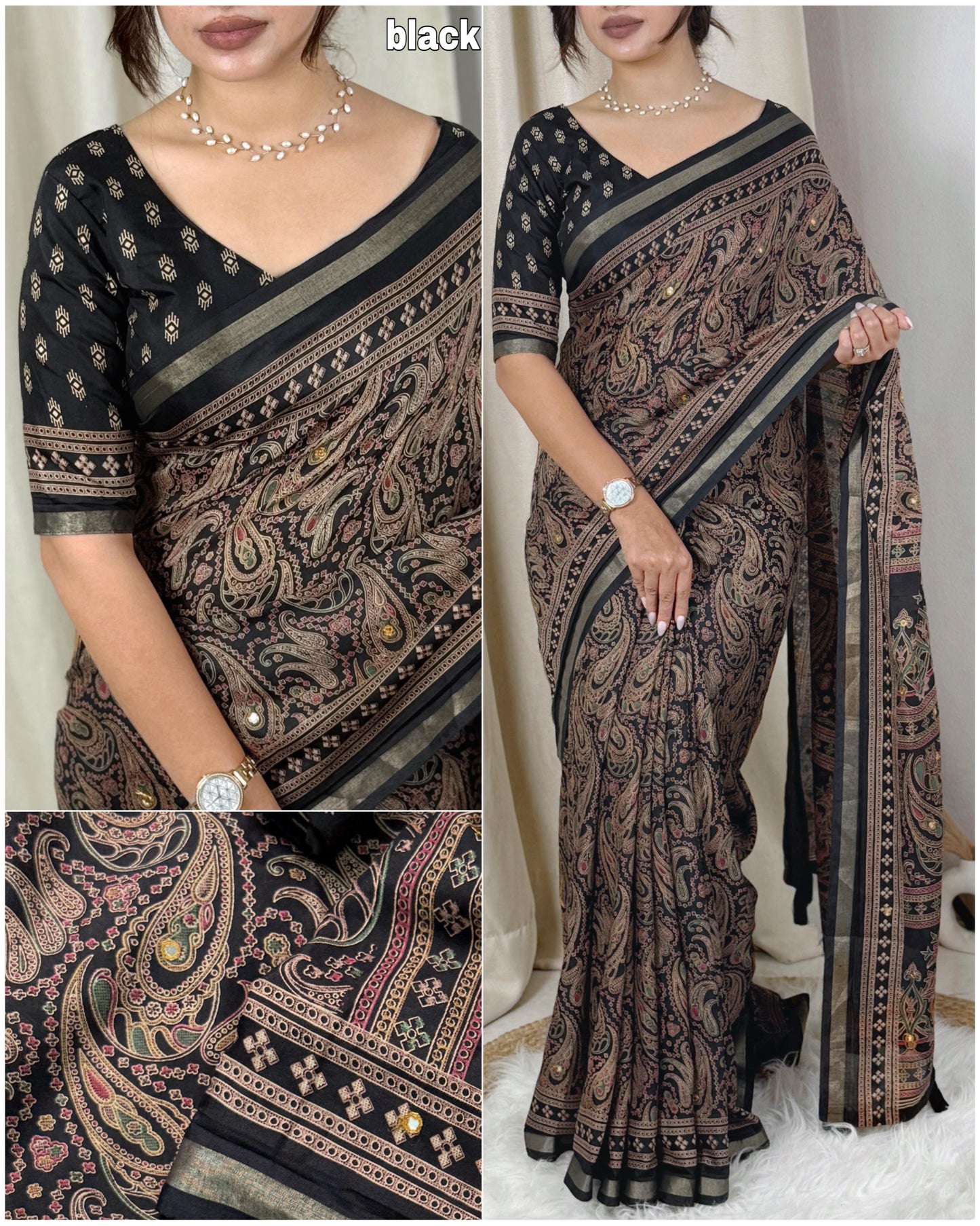 Kayatri New Elegant Kalamkari Ajrakh Printed Mul Cotton Saree