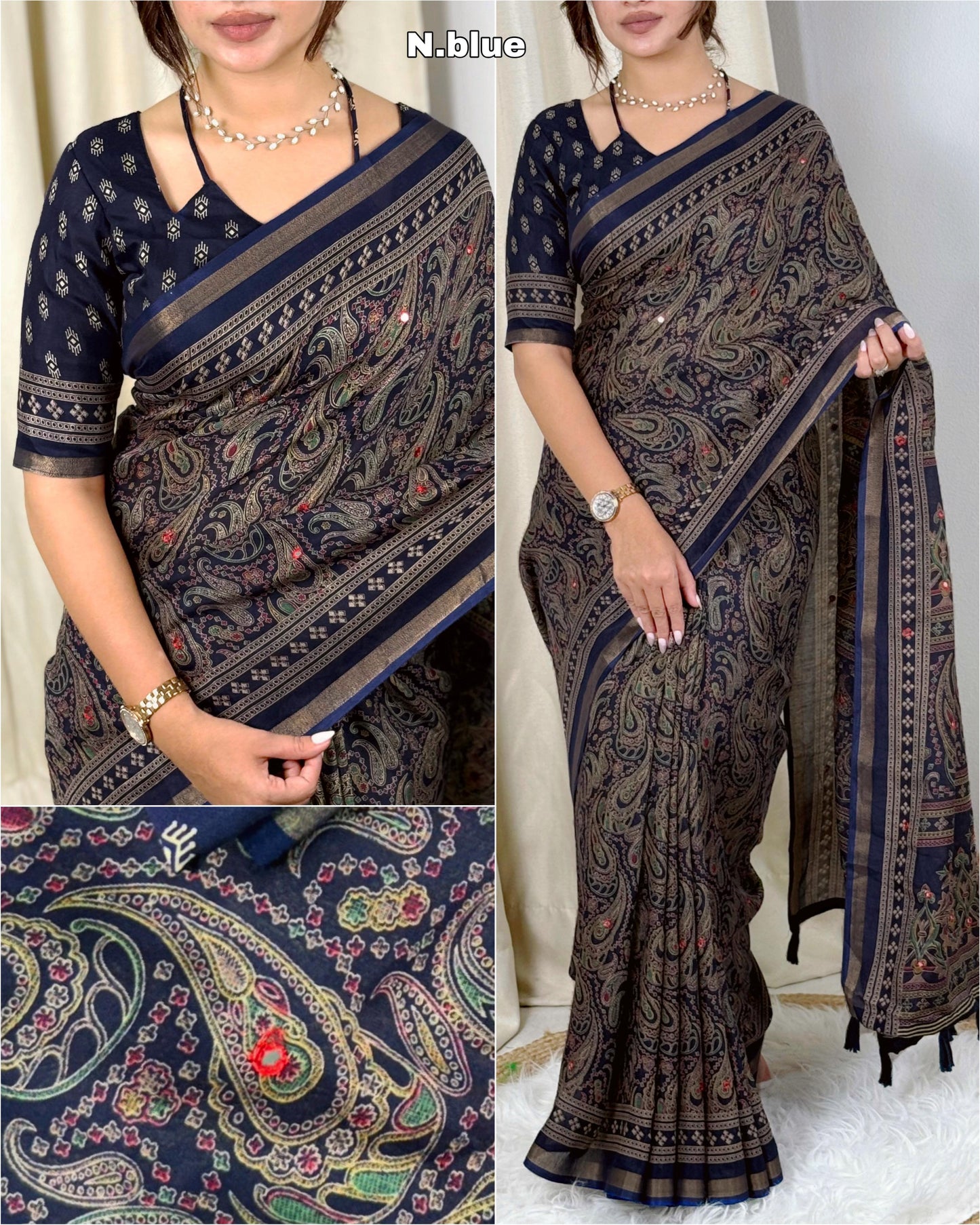 Kayatri New Elegant Kalamkari Ajrakh Printed Mul Cotton Saree