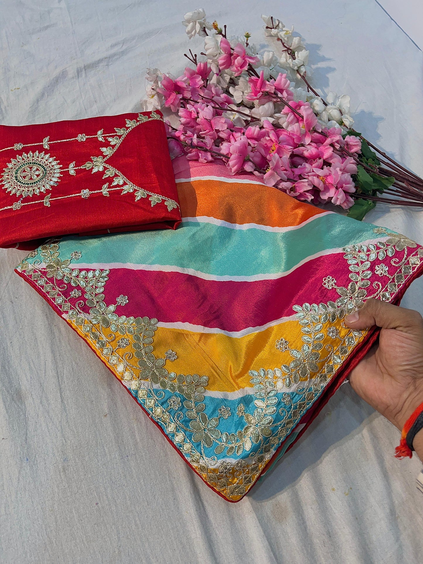 Kayatri New Royal Chinon Leheriya Saree with Rich Gotapatti Foil Work