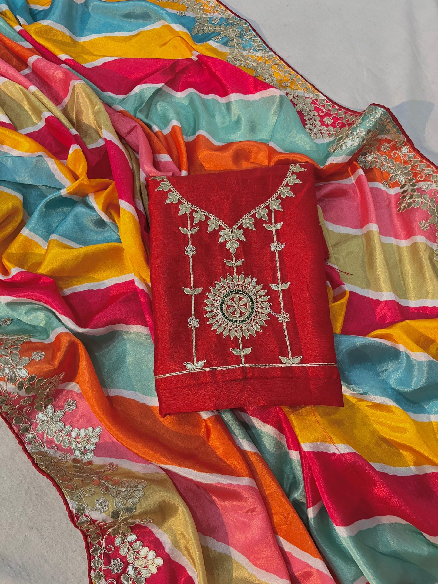 Kayatri New Royal Chinon Leheriya Saree with Rich Gotapatti Foil Work