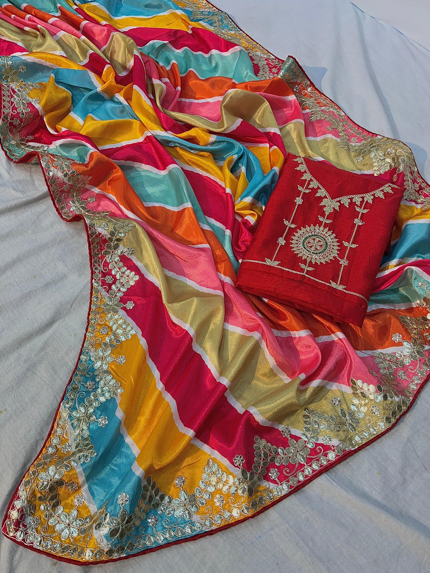 Kayatri New Royal Chinon Leheriya Saree with Rich Gotapatti Foil Work