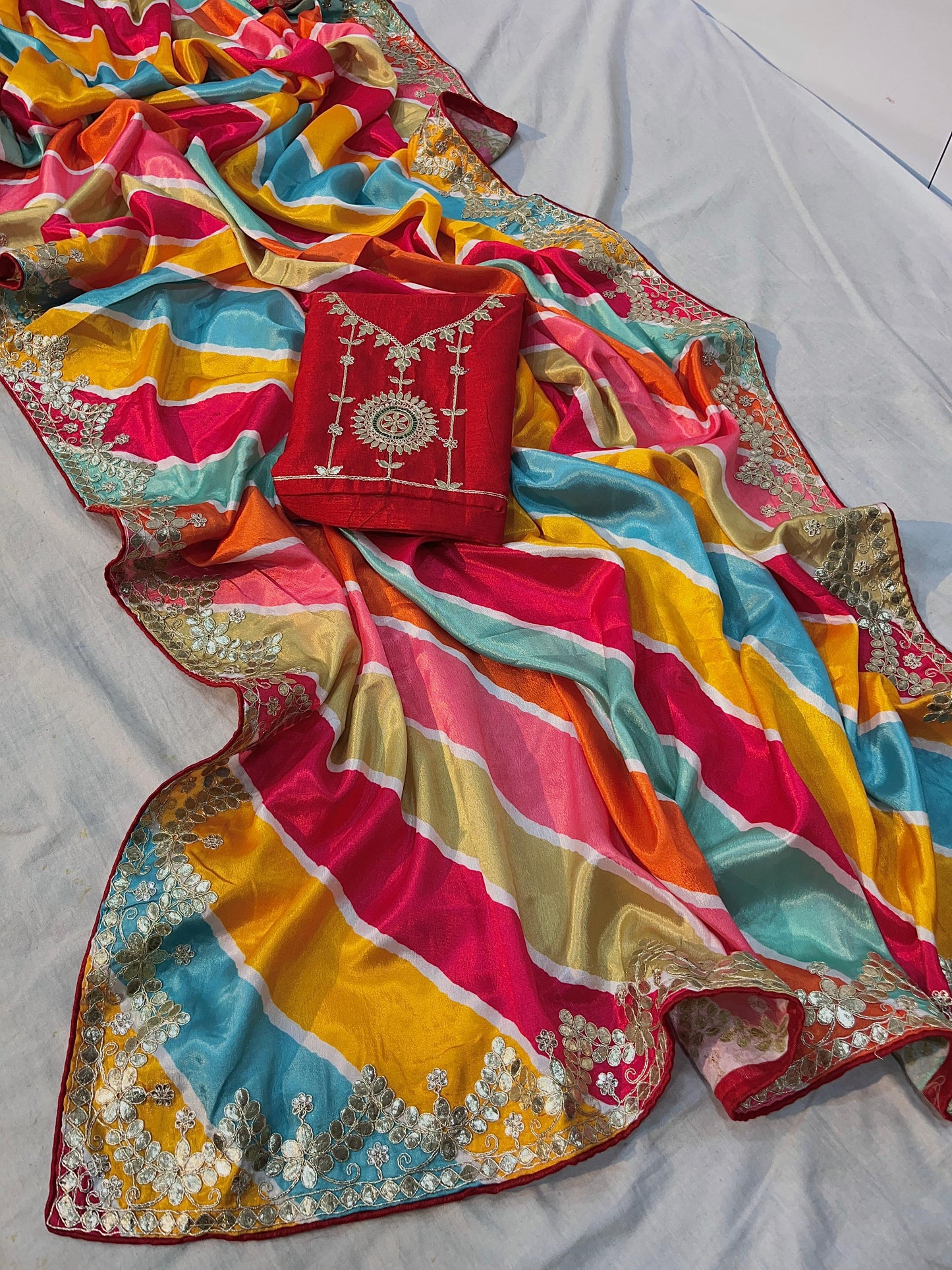 Kayatri New Royal Chinon Leheriya Saree with Rich Gotapatti Foil Work