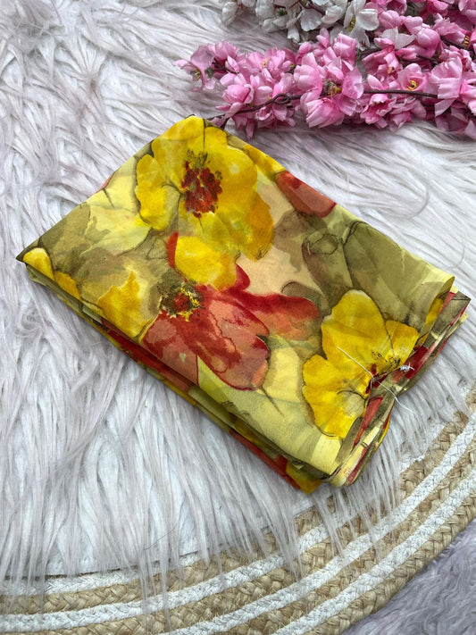 Kayatri New Elegant Floral Printed Wetless Georgette Saree with Same Fabric Blouse