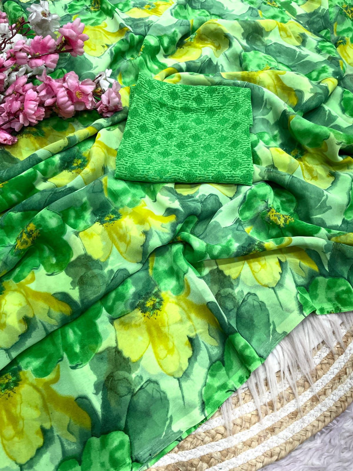 Kayatri New Elegant Floral Printed Wetless Georgette Saree with Same Fabric Blouse