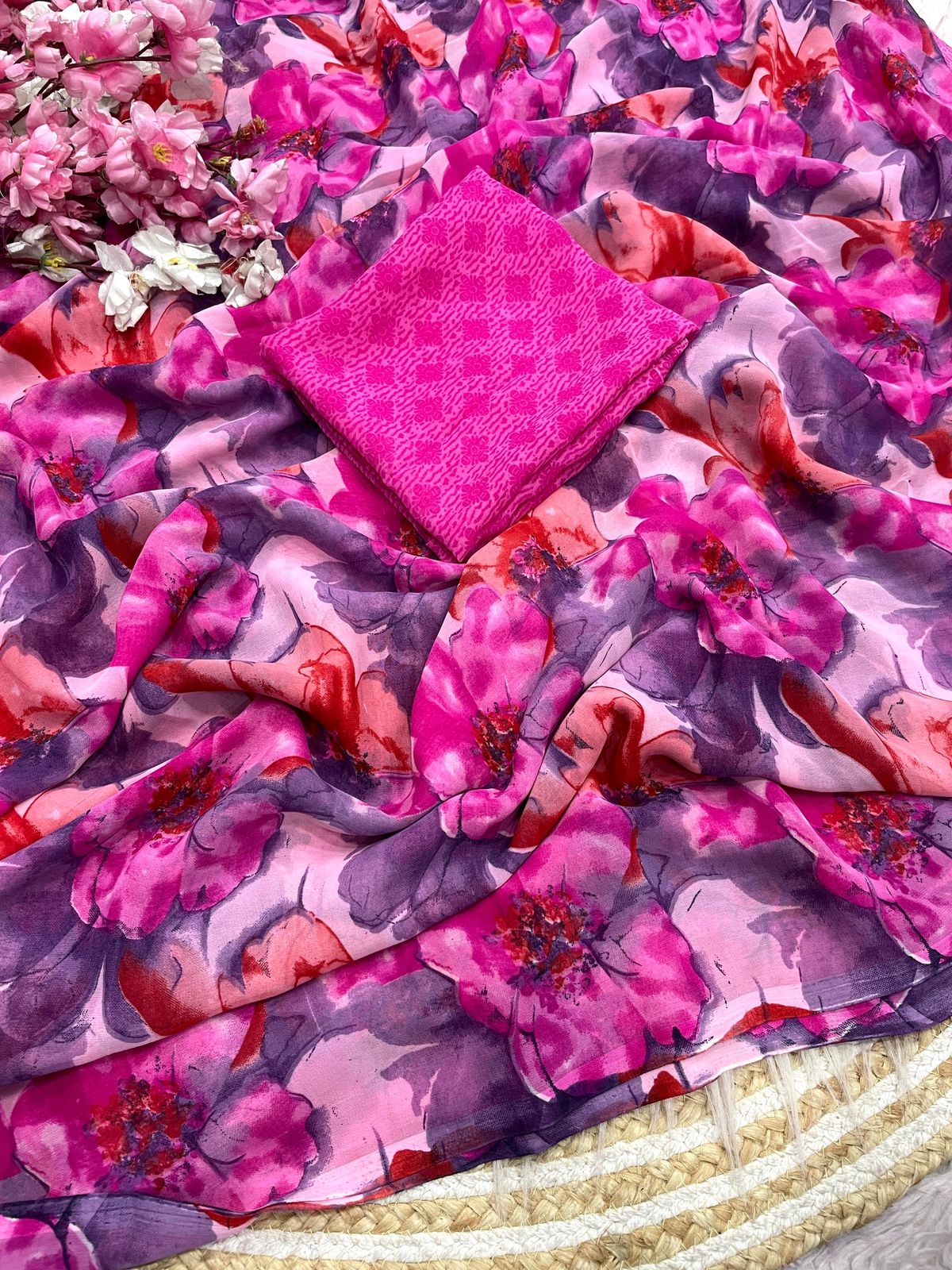 Kayatri New Elegant Floral Printed Wetless Georgette Saree with Same Fabric Blouse