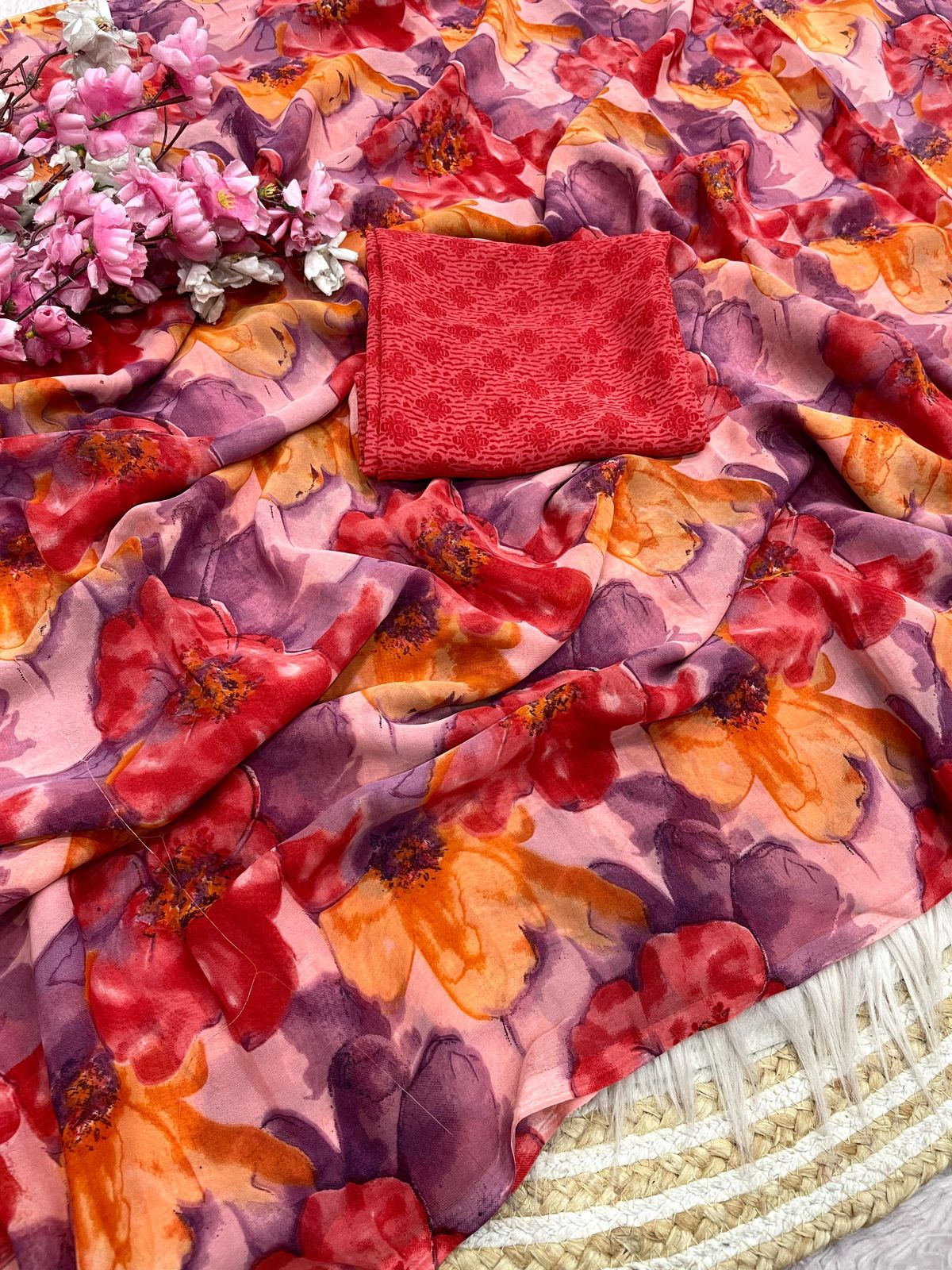 Kayatri New Elegant Floral Printed Wetless Georgette Saree with Same Fabric Blouse