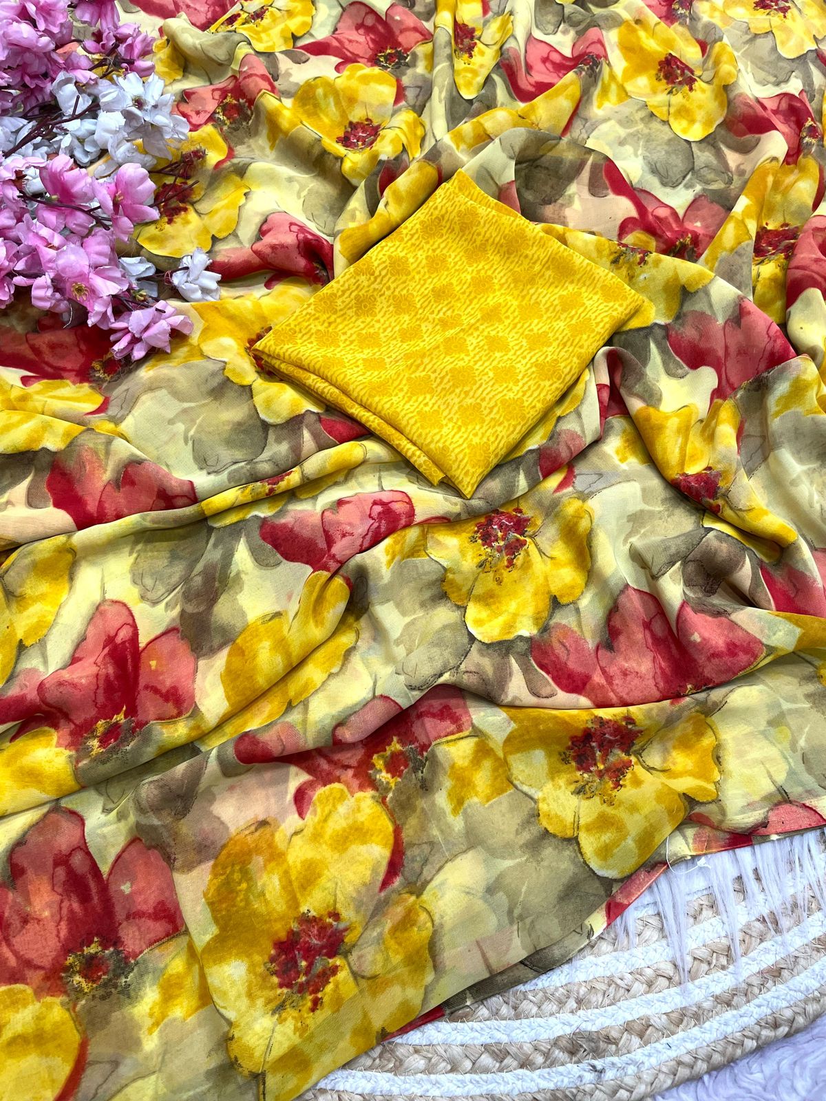 Kayatri New Elegant Floral Printed Wetless Georgette Saree with Same Fabric Blouse